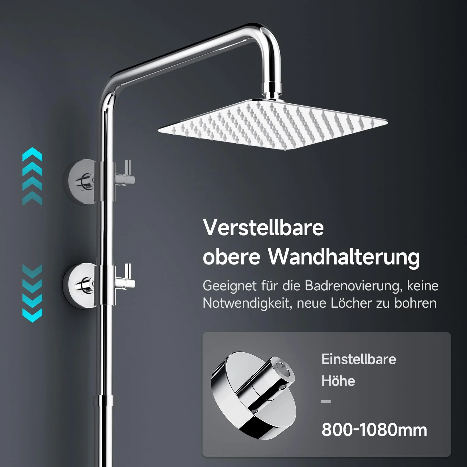 Rainsworth Deszczownica bez armatury chromowanej, 20 x 20 cm, kwadratowa deszczownica i 3 rodzaje strumienia, system prysznicowy, kolumna prysznicowa, zestaw prysznicowy do prysznica