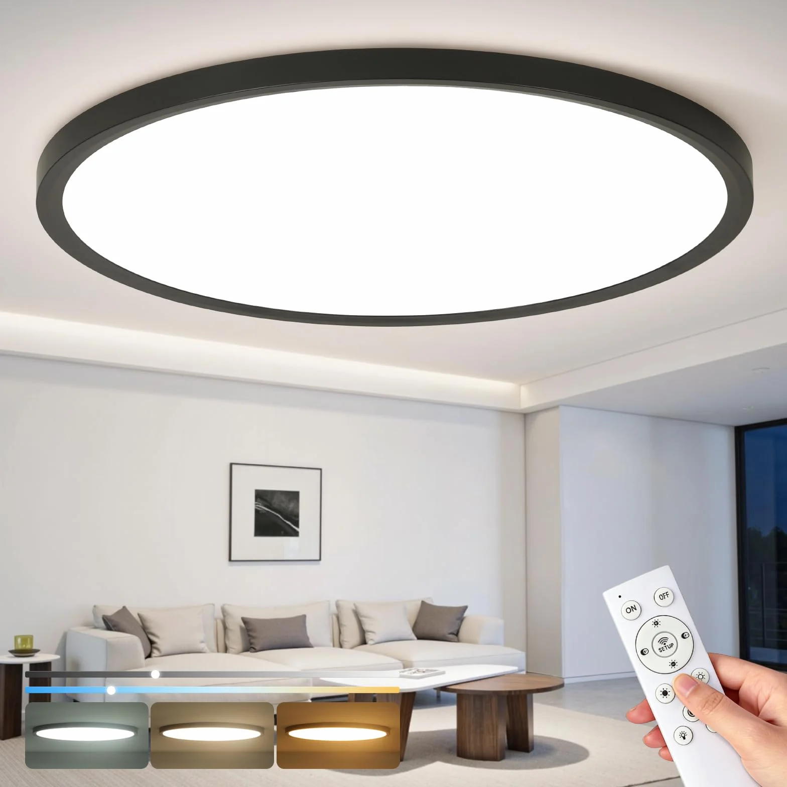 OTREN Lampa sufitowa LED do ściemniania 56 W, 5600 lm, z pilotem, trybem nocnym i funkcją pamięci, czarna 3000 K - 6500 K, wodoodporna IP44, do salonu, biura, kuchni i sypialni, 60 cm
