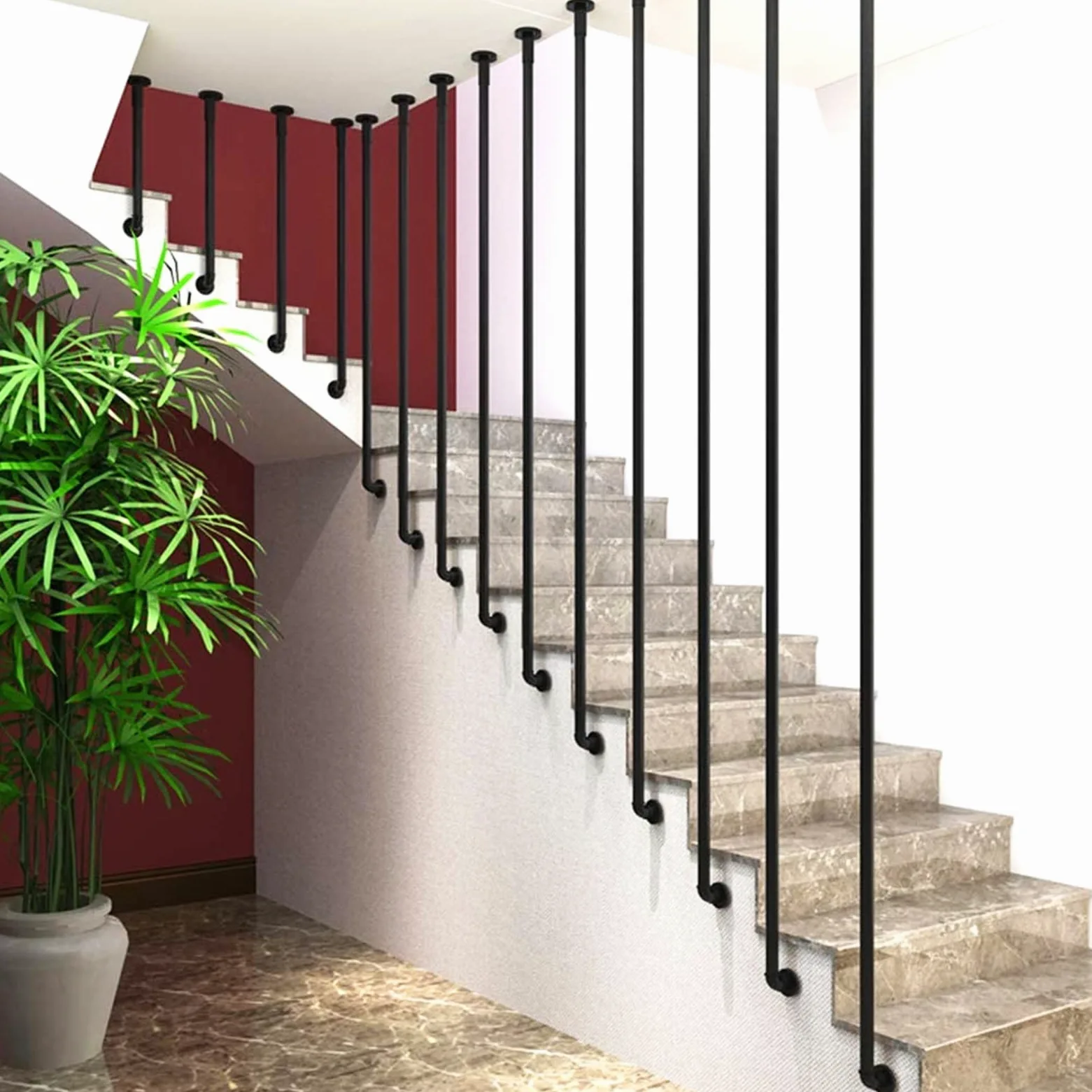 Nowoczesne schody typu L il Villa Safety antypoślizgowe osłony odpowiednie dla osób starszych Instrukcje schodów do wewnątrz na zewnątrz ocynkowana okrągła rura czarny metal kute żelazo