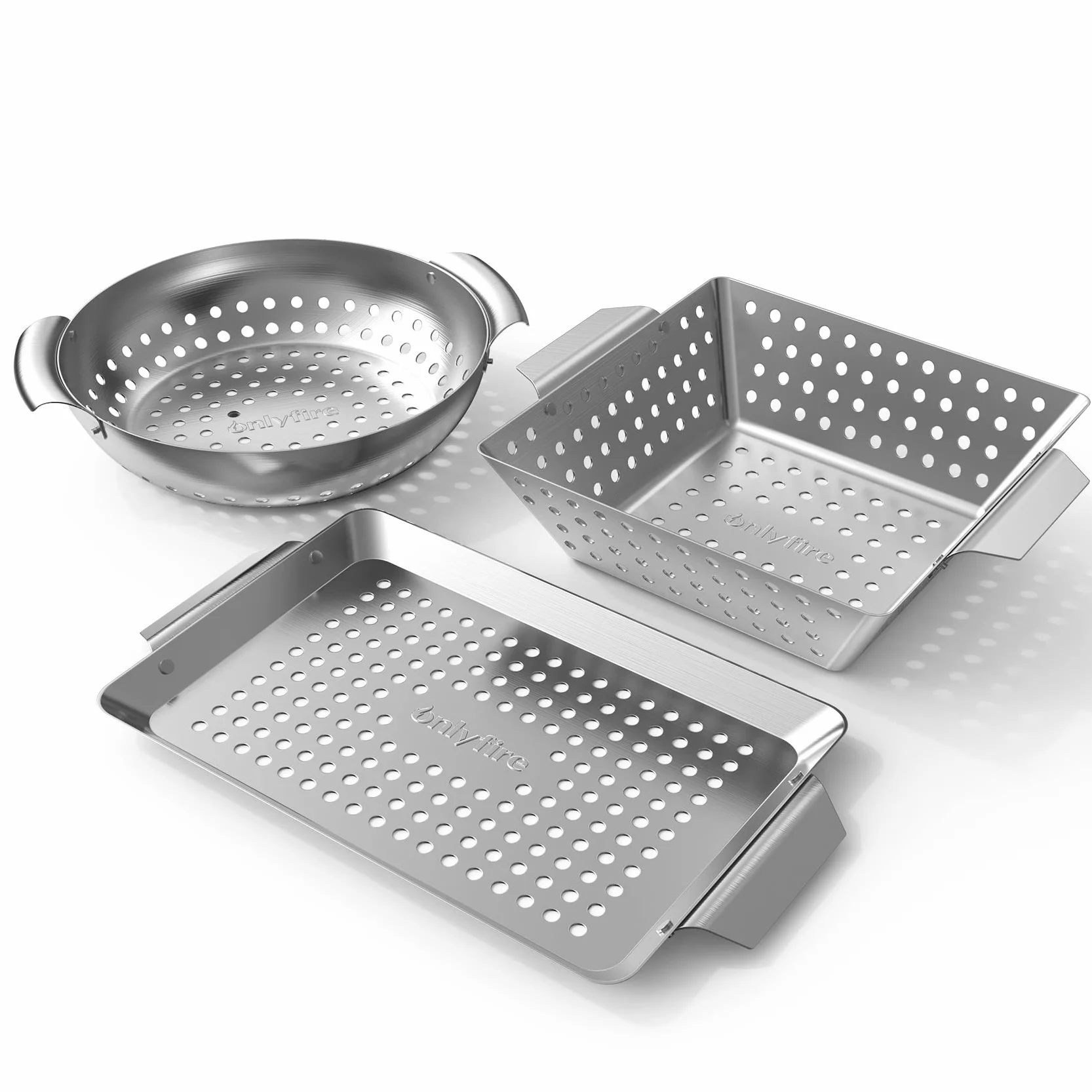 Onlyfire 3 Kosz do Grillowania ze Stali Nierdzewnej, Grill Kosz z Zakrzywionym Uchwytem, ​​Mini Koszyk do Grillowania Mięsa, Warzyw i Ryb, Uniwersalny Kosz do Grilla, Akcesoria do Grilla Węglowego