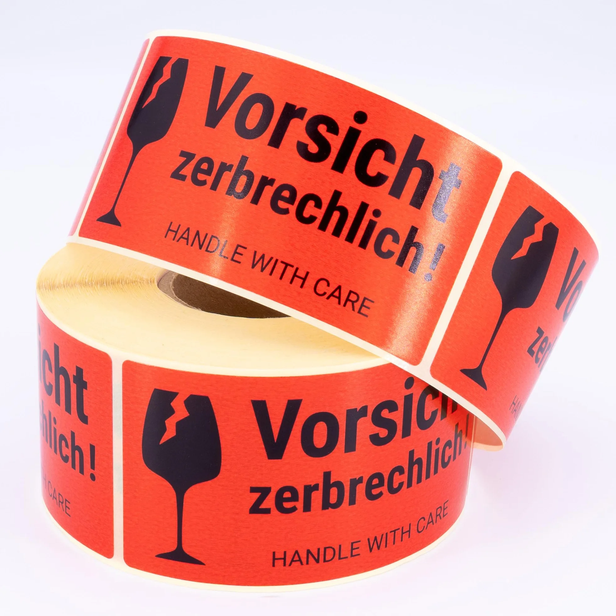 Etykiety ostrzegawcze na rolce 100 x 50 mm – 500 – uwaga k! Handle with care – Fragile Attention naklejka na wysyłkę – niebezpieczeństwo pęknięcia – neon jasnoczerwony – naklejki na paczkę