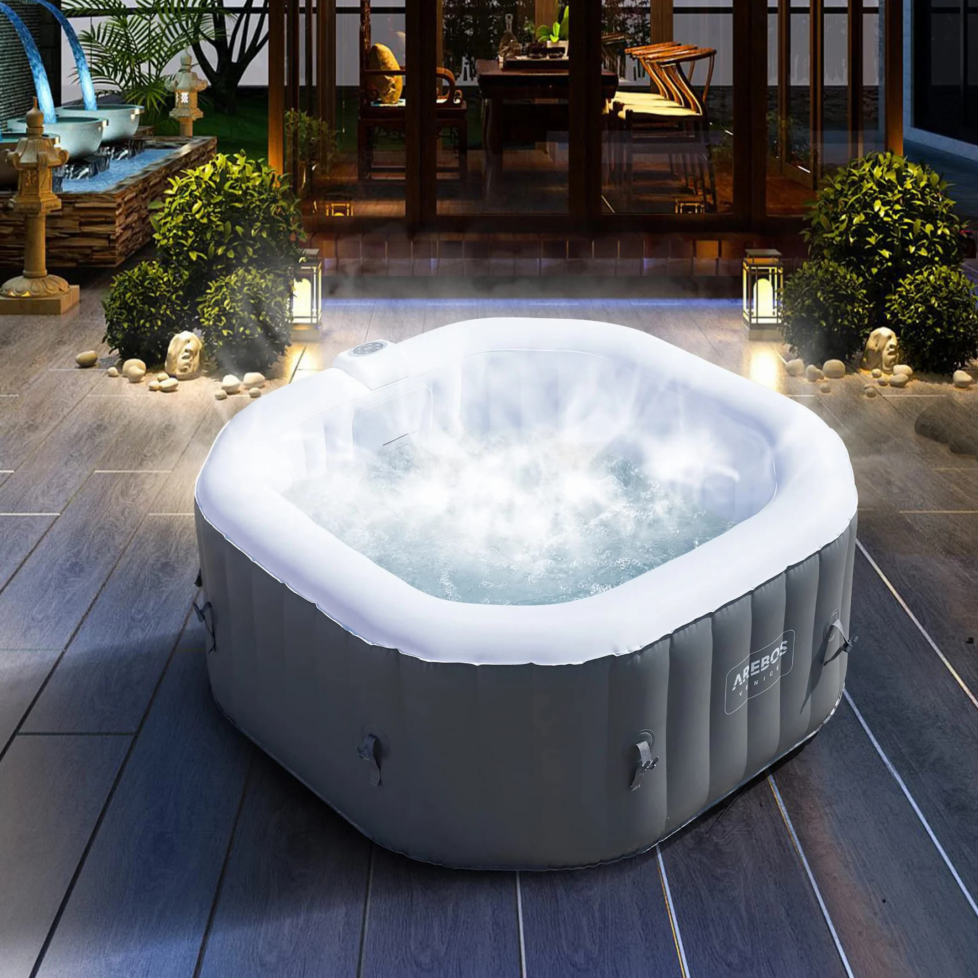 Arebos Whirlpool Pure | Nadmuchiwany | do wewnątrz i na zewnątrz | 154 x 154 cm | 4 osoby | 110 dysz do masażu | z ogrzewaniem | 600 litrów | w zestawie pokrywa | Bubble Spa & Wellness masaż
