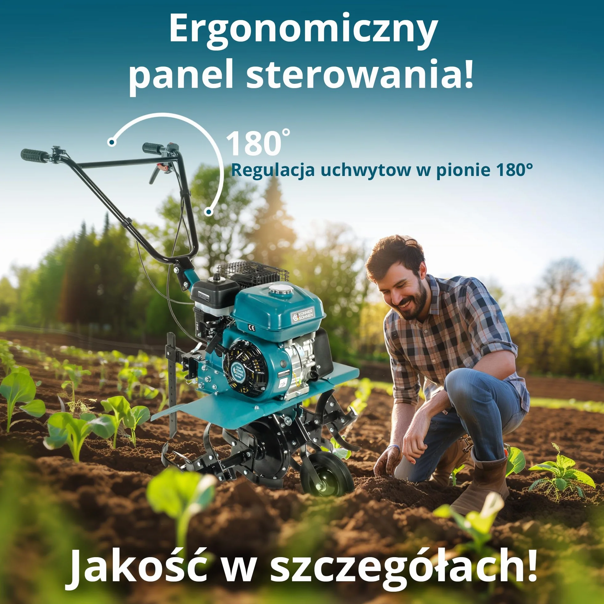 Glebogryzarka Benzynowa Könner & Söhnen KS 7HP-850A Kultywator Spalinowy z Paskiem, Napędem łańcuchowym, Kute Nożyce Szablaste, Regulowany Otwieracz, Szerokość Robocza ≤ 80 cm, Głębokość Robocza ≤ 31 cm, Moc Silnika 7,0 KM
