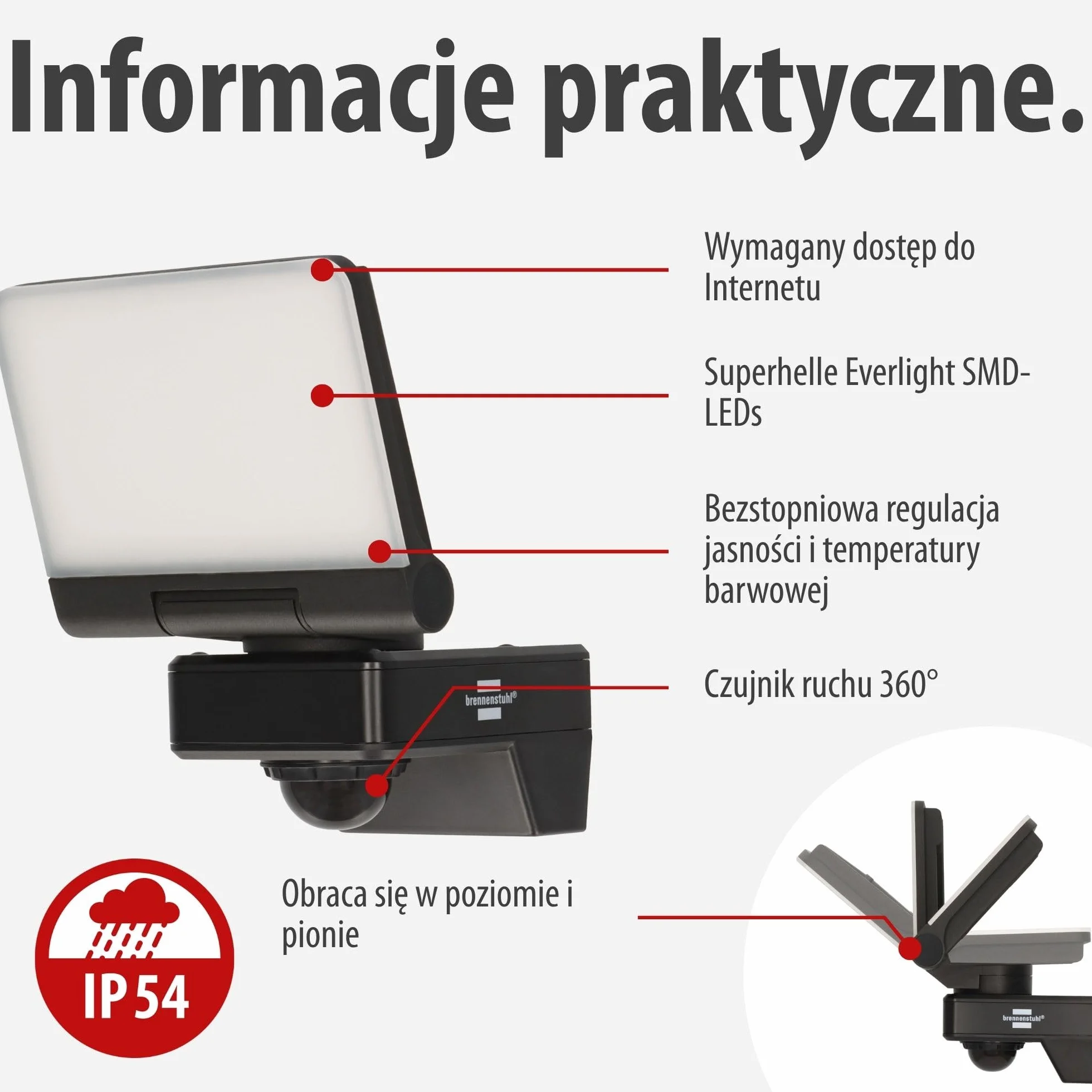 Brennenstuhl Connect WiFi LED Reflektor WF 2051 P (24W, 2800lm, IP54, różne funkcje świetlne regulowane za pomocą aplikacji, reflektor zewnętrzny do montażu na ścianie z czujnikiem ruchu)