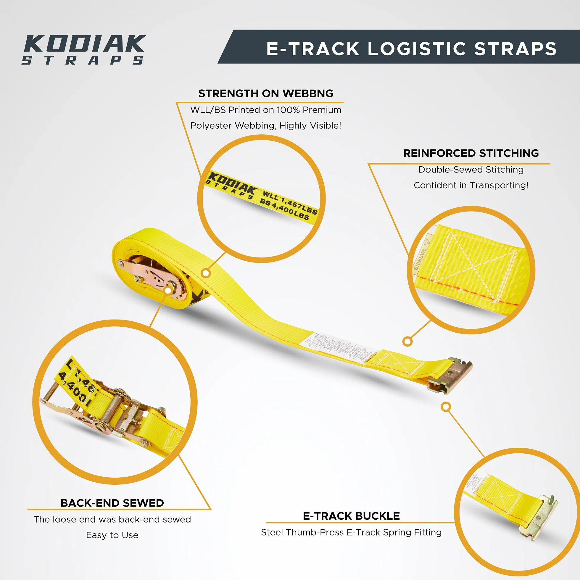 Pasy do szyn E 5 cm x 40 cm Logistyczne paski z grzechotką, akcesoria do przyczep E, pasy drogowe do zamkniętej przyczepy i furgonetki firmy KODIAK STRAPS (6 sztuk)