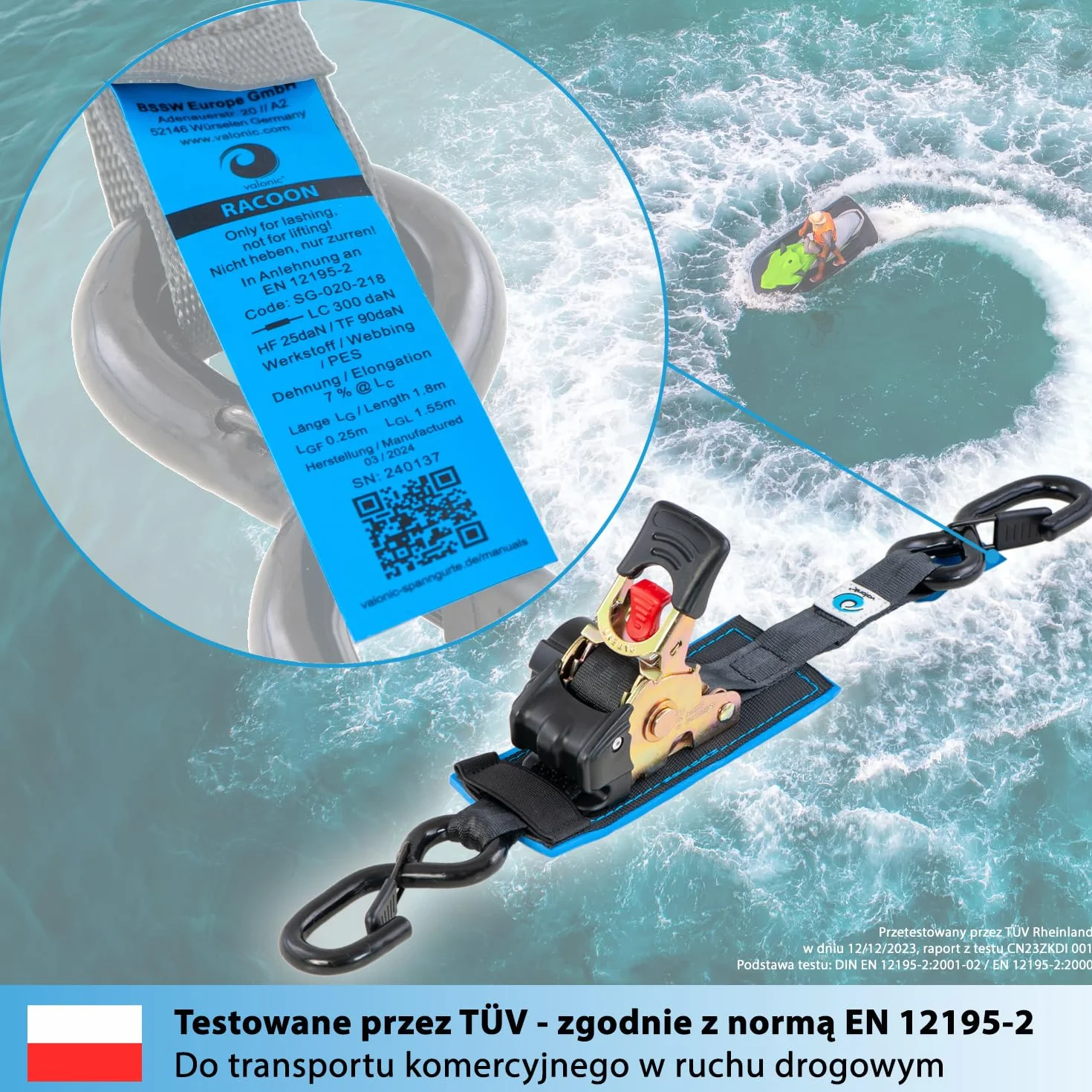 valonic RACOON - 2x 1,8m automatic ratchet tension strap, 25mm, 300/600 Kg, wyściełany, EN-12195-2 - z grzechotką, czarny, pasek napinający do motocykli