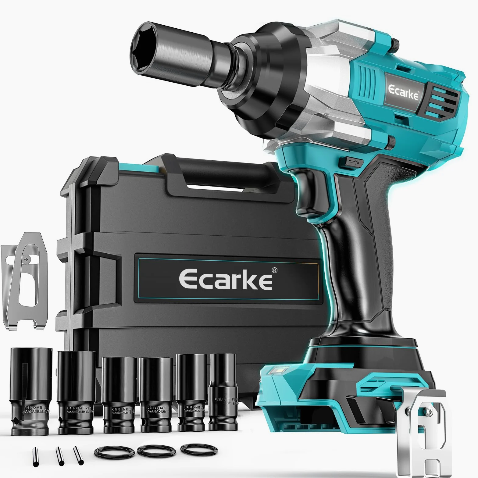 Ecarke Akumulatorowa wkrętarka udarowa 1400 Nm z zestawem nasadek do akumulatora litowego Makita 18 V, 2800 obr./min, 1/2 cala bezszczotkowy klucz udarowy z oświetleniem LED, 6 nasadek do opon