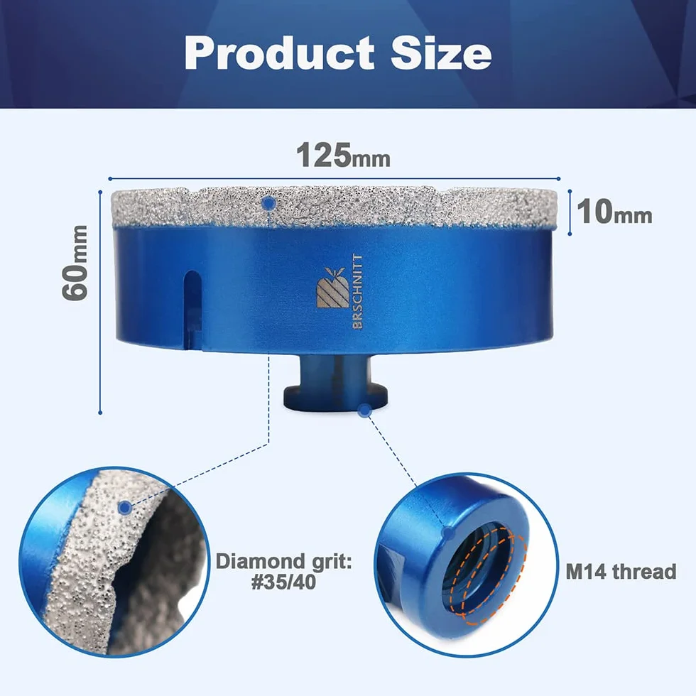 Wiertło diamentowe 125mm, BRSCHNITT 2 szt. M14 lutowane próżniowo diamentowe wiertło rdzeniowe Otwornica do płytek kamionkowych kamionkowych Ceramiczne marmurowe wiercenie granitowe, odpowiednie do szlifierek kątowych