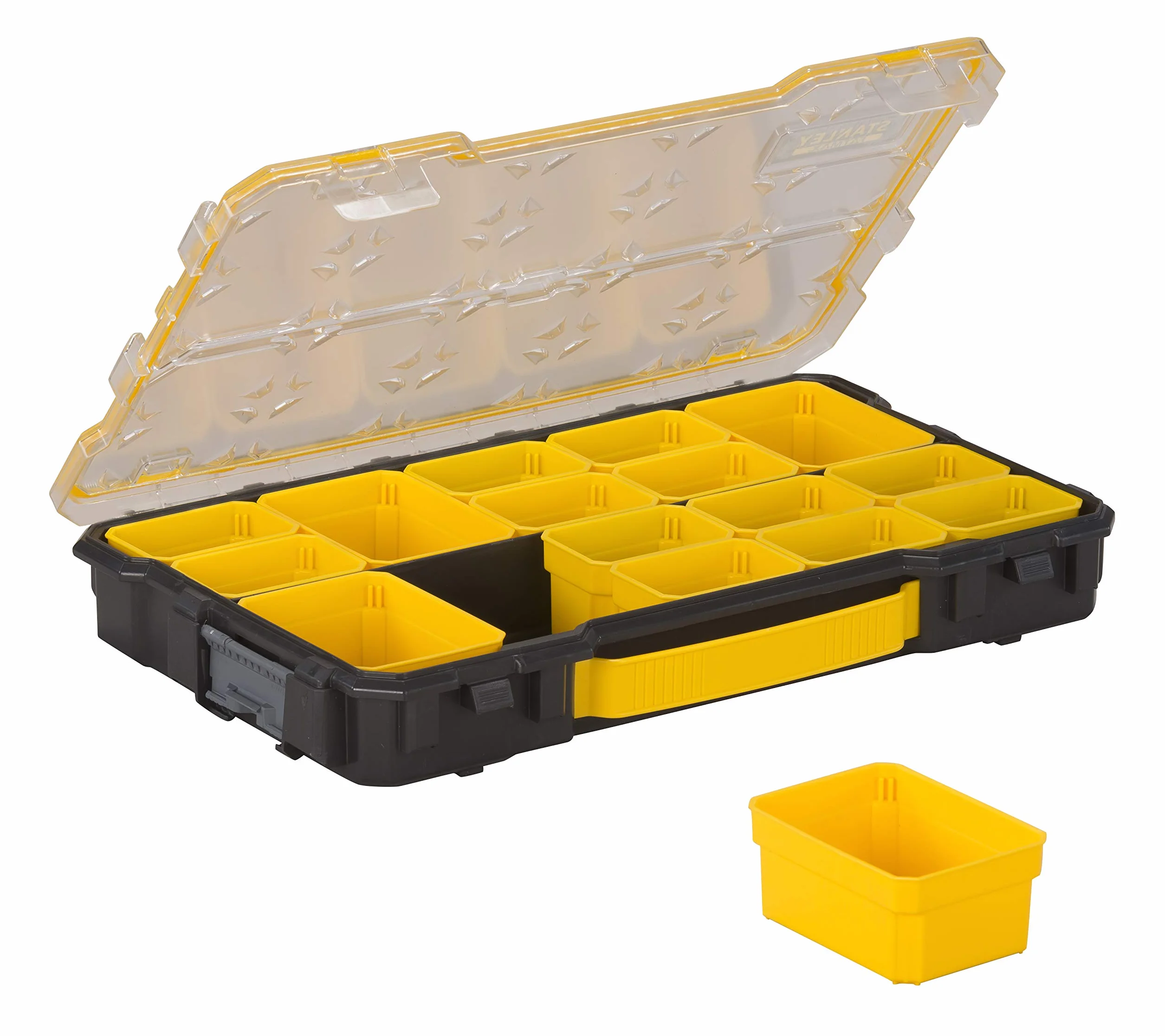 Stanley Torba Narzędziowa, Czarny/Żółty, 19.02 x 11.22 x 13.39 cm & Stanley Fmst1-75779 Profi 2/3 Range FatMax - Przezroczysta pokrywa - Plastikowe klipsy - Wodoodporna - Ip53 - Bez uchwytów