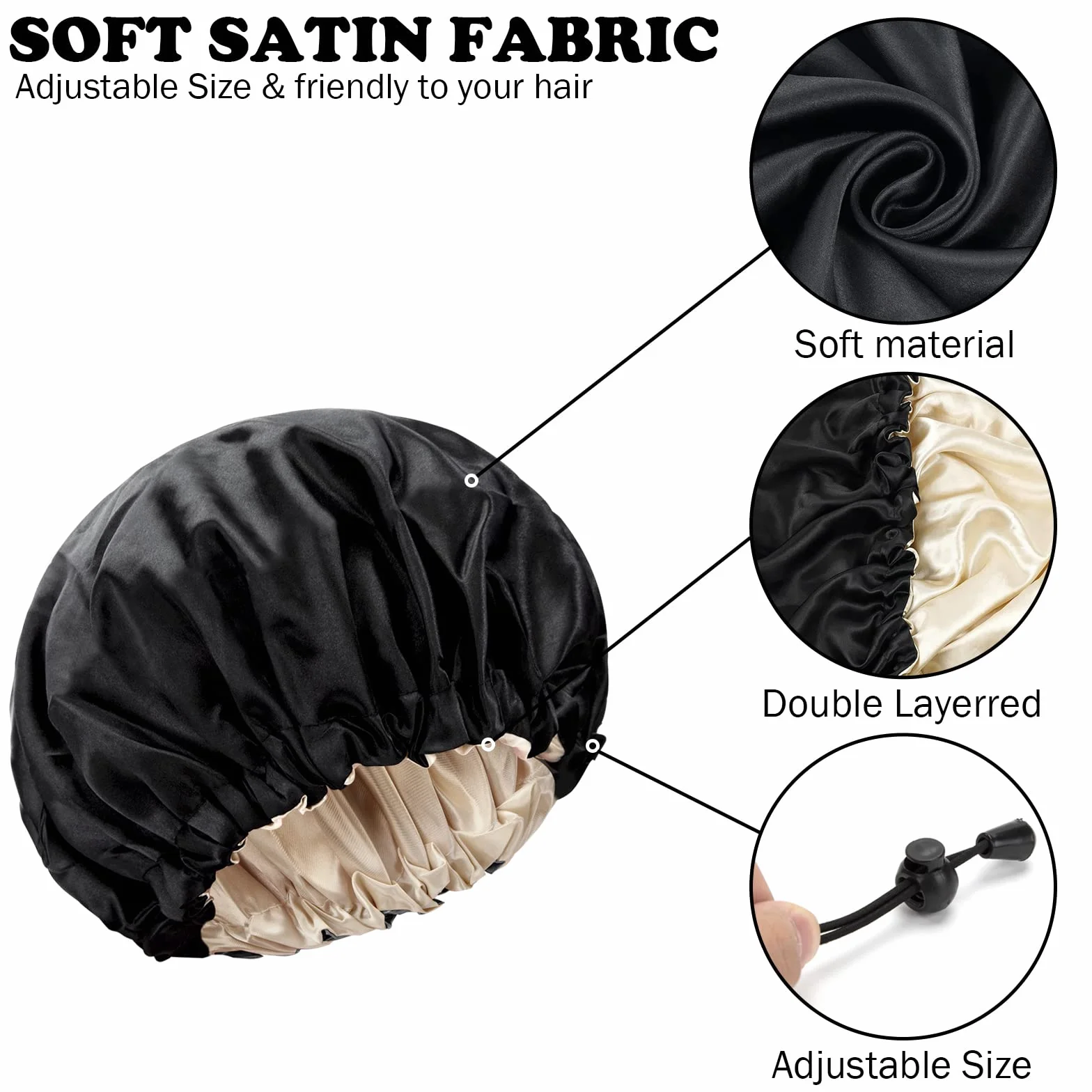 Satin Bonnet 2 szt. czapka do spania na noc, satynowa czapka do spania, regulowana czapka do spania, elastyczny, miękki czepek dla kobiet, dziewcząt, spa, do salonu piękności, kolor czarny i różowy