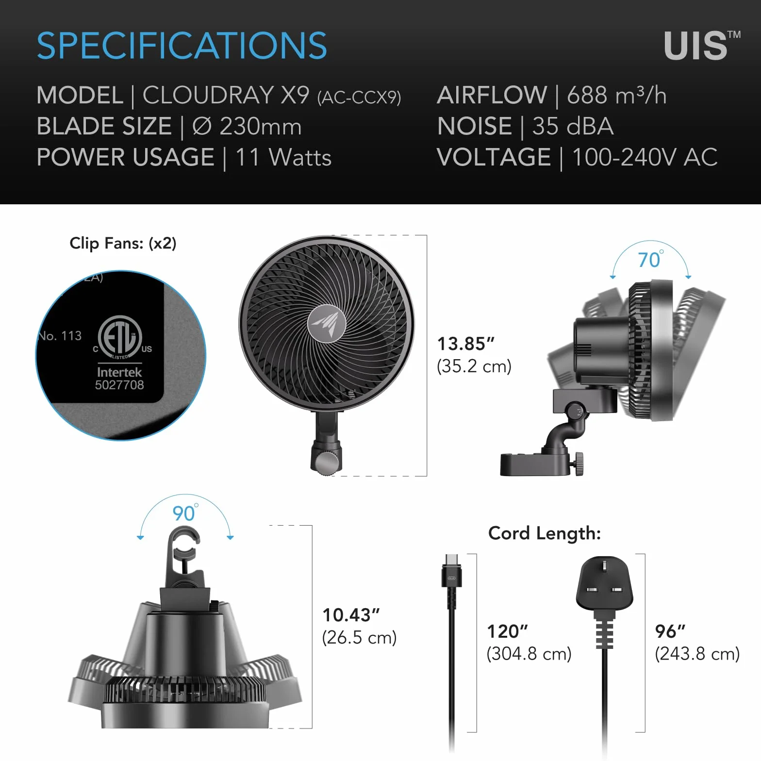 AC Infinity CLOUDRAY S9 2-Pack, Wentylator do namiotu do uprawy 23 cm z przeprojektowanym silnikiem EC o długiej żywotności, niestandardowe 10 dynamicznych prędkości wiatru i 10-poziomowa oscylacja