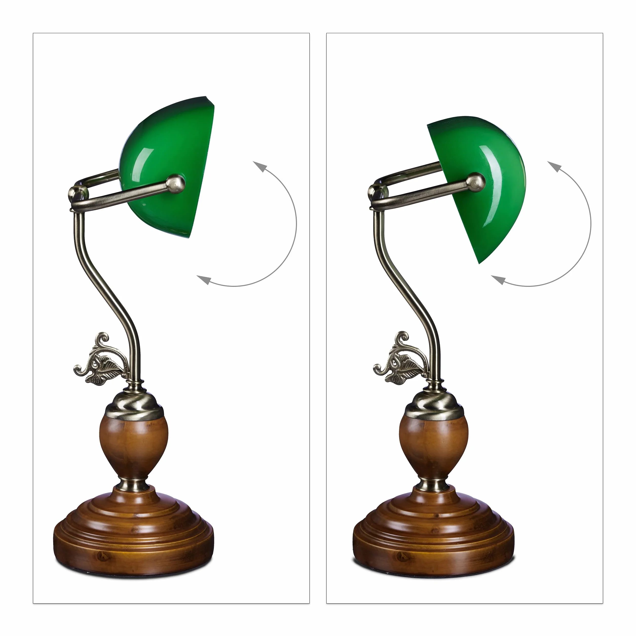 Relaxdays Lampa bankierska drewniana nóżka zielona klasyczna lampa biurkowa – retro lampa stołowa o wyglądzie mosiądzu i łukowate zdobienia z lat 30. – drewno Gals Metal – 26,5 x 43 x 18 cm – E27