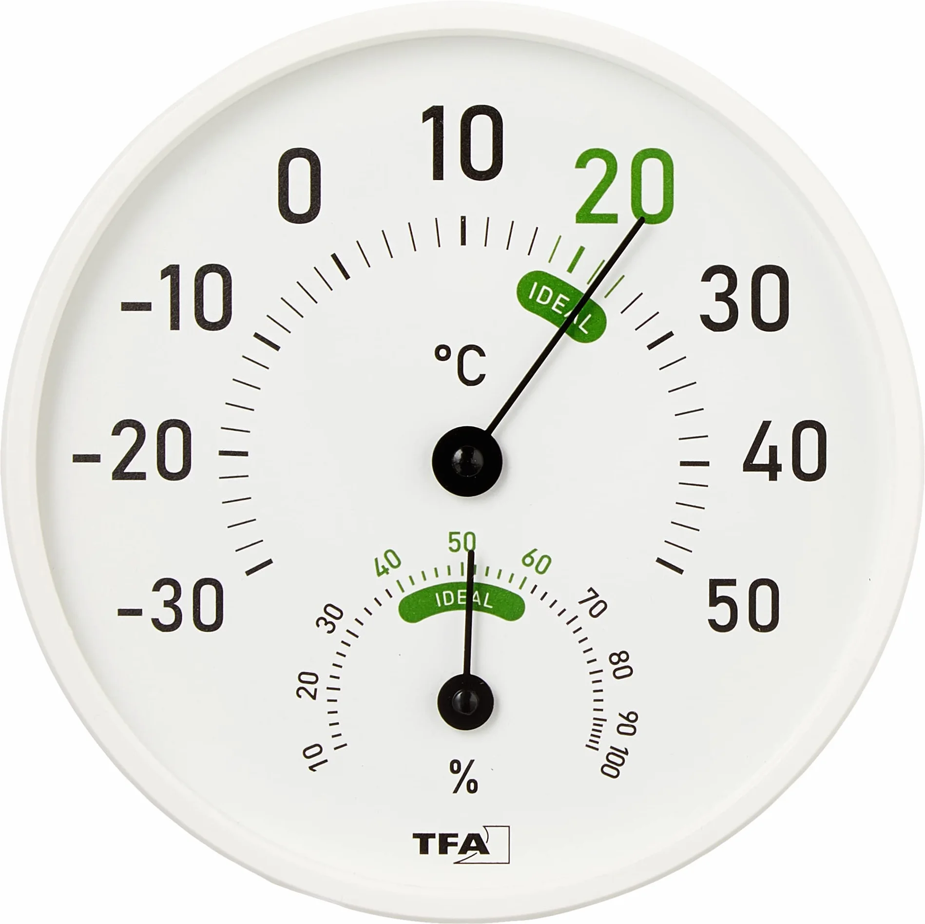TFA Dostmann Analogowy termohigrometr, 45.2045.02, do wewnątrz i na zewnątrz, z kolorowymi strefami komfortu, biały, dł. 130 x szer. 20 x wys. 165 mm
