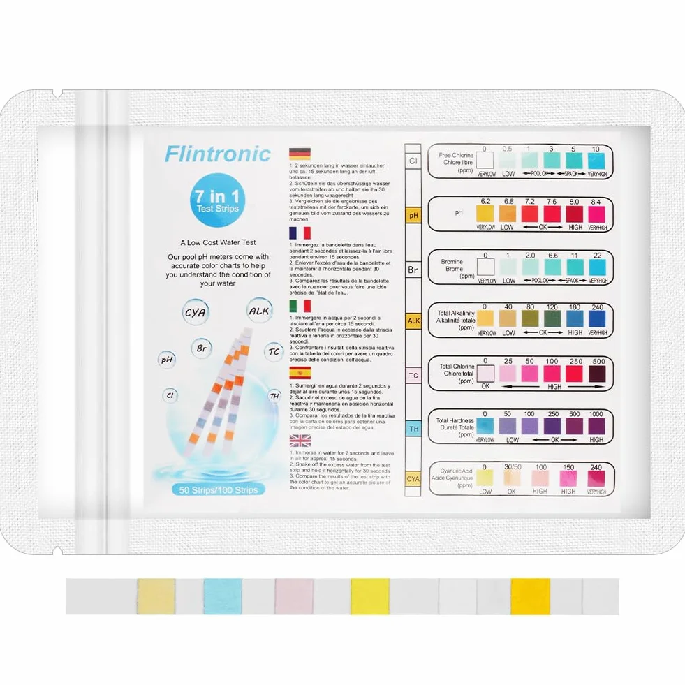 Flintronic 100 pasków testowych do basenu i spa 7 w 1 pH brom twardość chlor