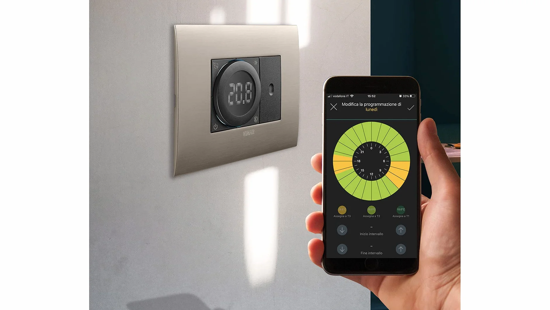 VIMAR 02973 inteligentny termostat WiFi z pokrętłem i wyjściem przekaźnikowym, Bluetooth, ogrzewanie i chłodzenie w trybie ON/OFF i PID, podświetlenie LED, uzupełnienie ramką osłonową Vimar, szary