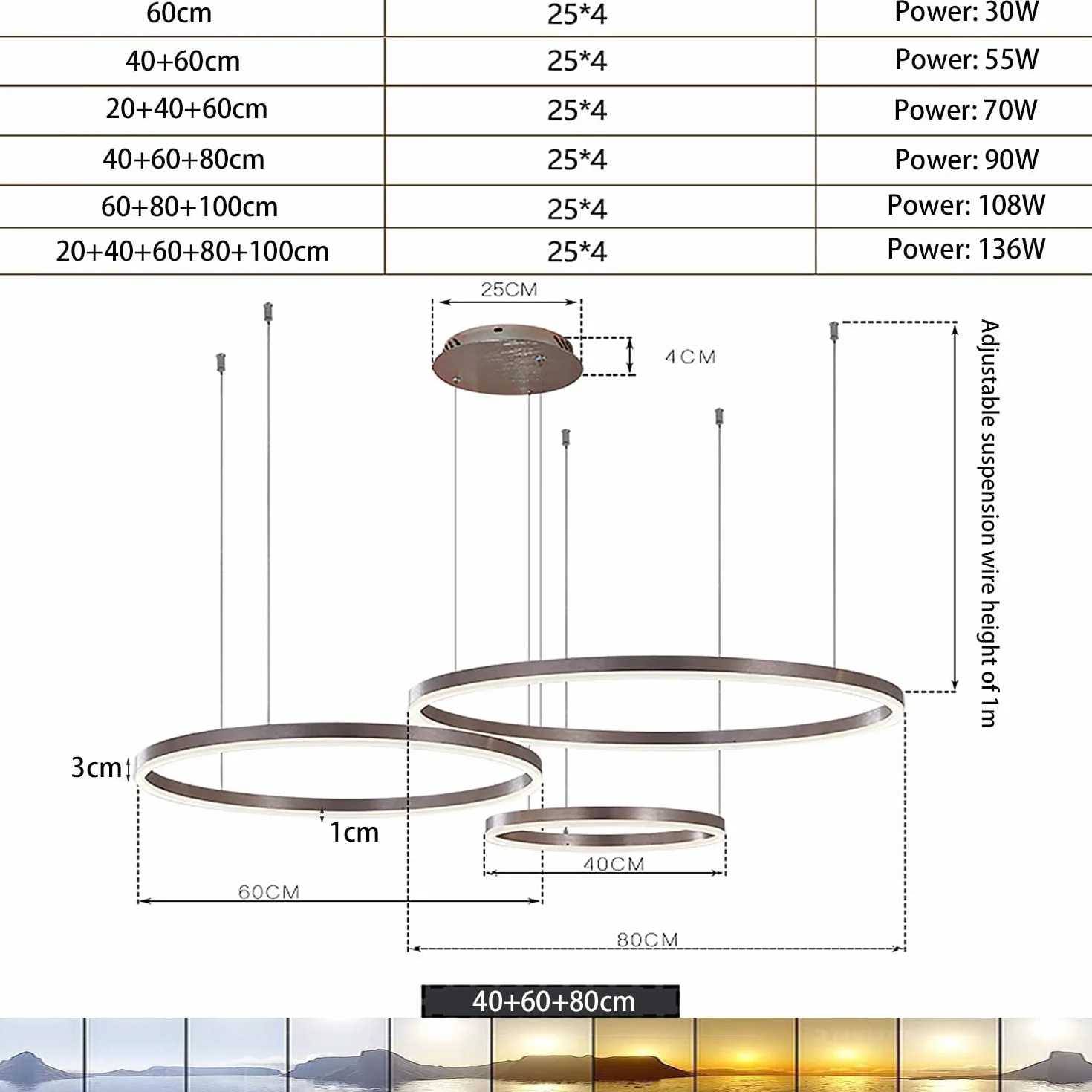 Lampy Wiszace Nowoczesna Restauracja LED Zyrandole Pierścień Ze Zdalnym Sterowaniem Ściemnialne Oświetlenie Sypialni Regulowana Wysokość Dla Salonu Kuchnia Lampy Sufitowe (Color : Black 20+40+60cm)