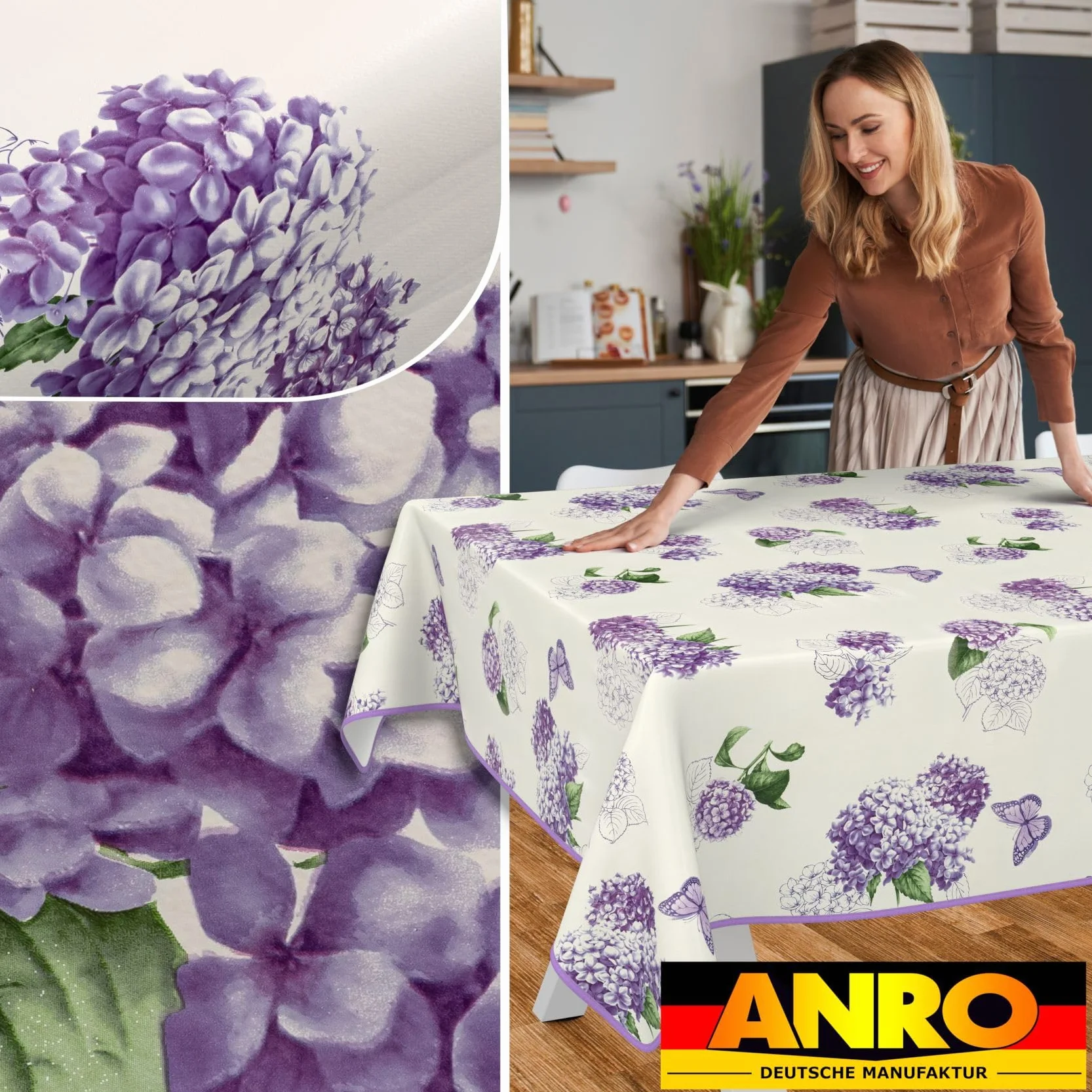 ANRO obrus ceratowy woskowany zmywalny fioletowy okrągły 180 x 120 cm