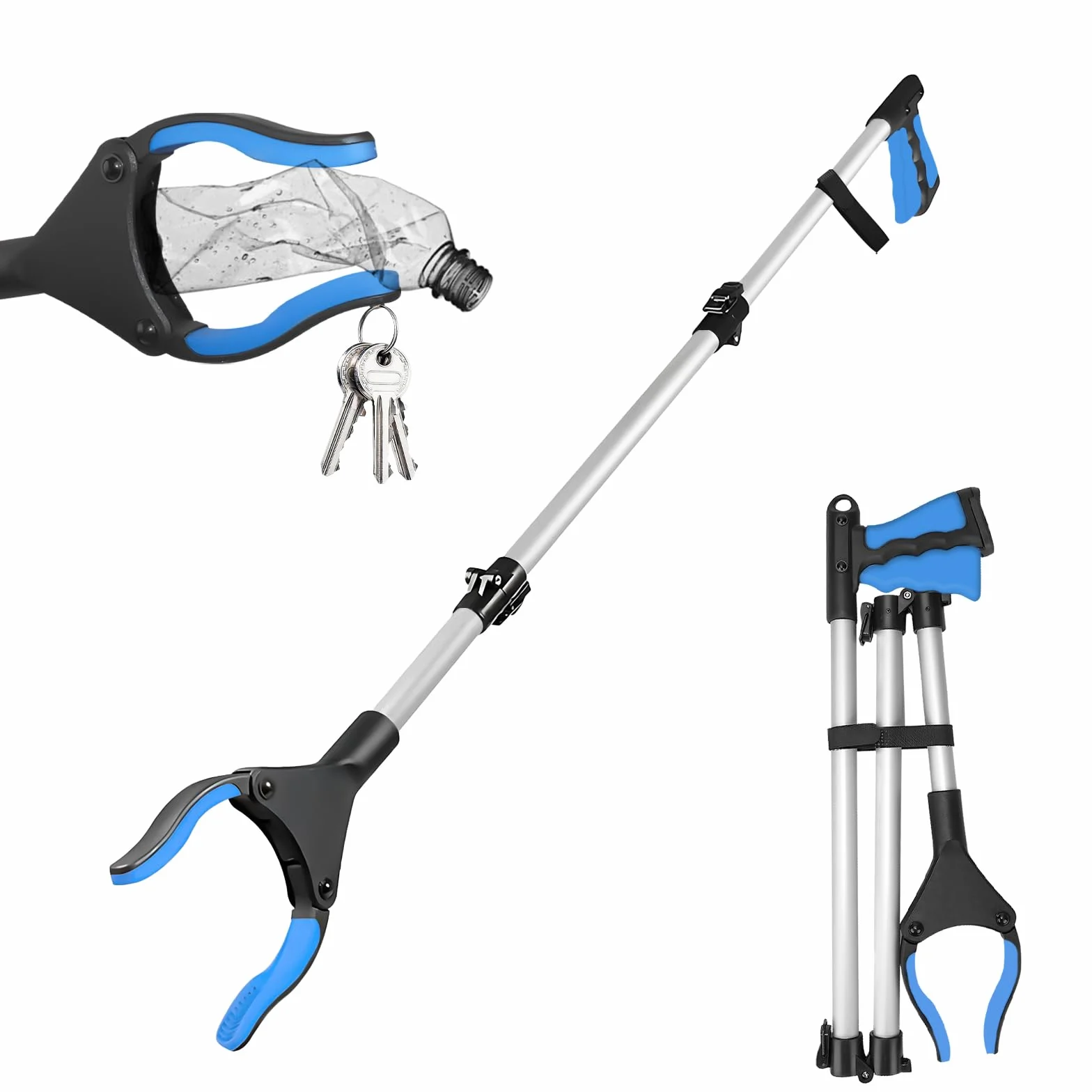 Szczypce chwytające 110 cm dla seniorów, stabilne, składane szczypce do śmieci z aluminium, obracana o 360°, chwytak do śmieci z magnetycznymi końcówkami, antypoślizgowa szczęka i wygodny
