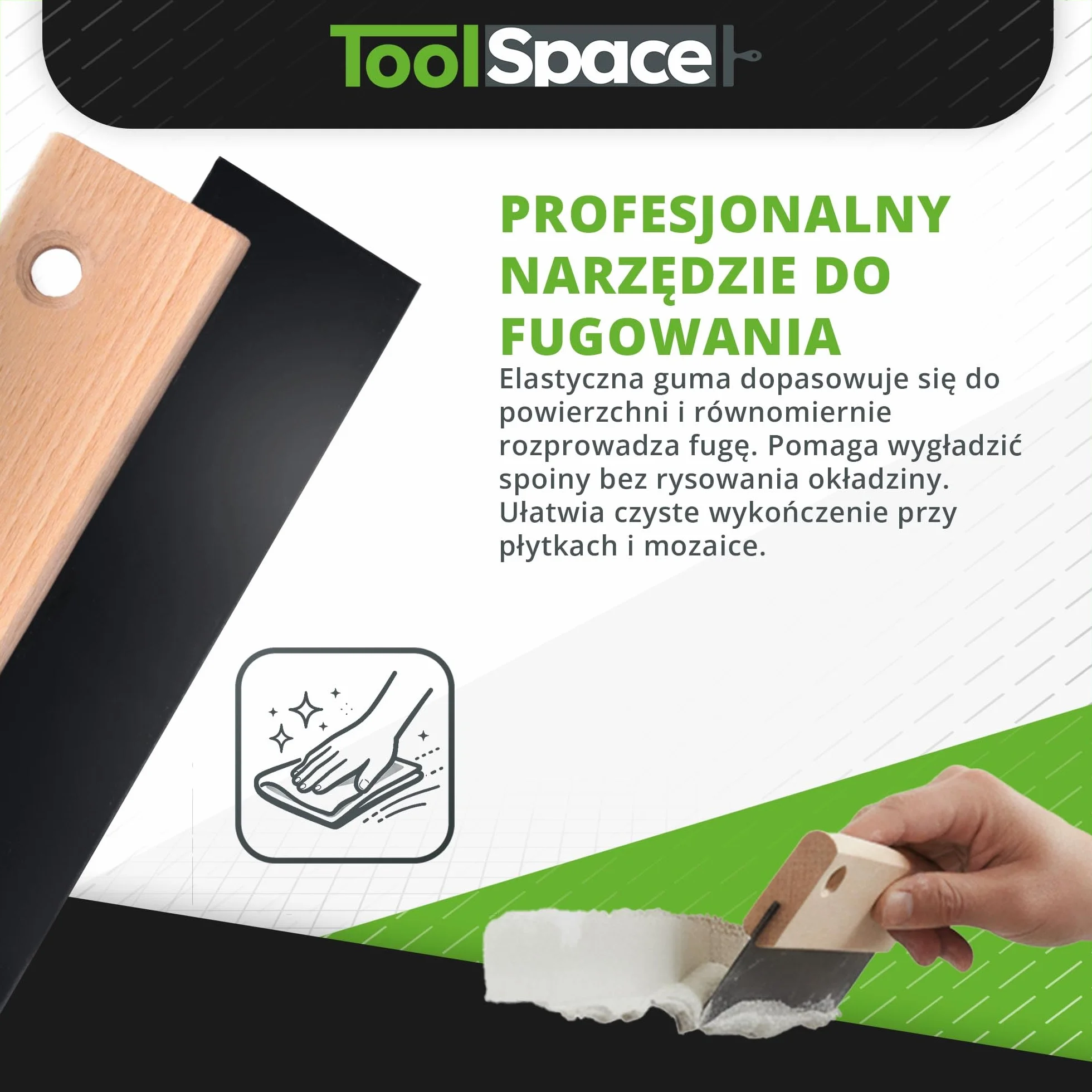 ToolSpace Fugownica - 15 cm - Fugówka, Gumowa Szpachelka do fugowania, do płytek - Narzędzie glazurnicze - Drewniany uchwyt, gumowa część robocza - Elastyczna i Trwała Guma - Precyzyjna Praca