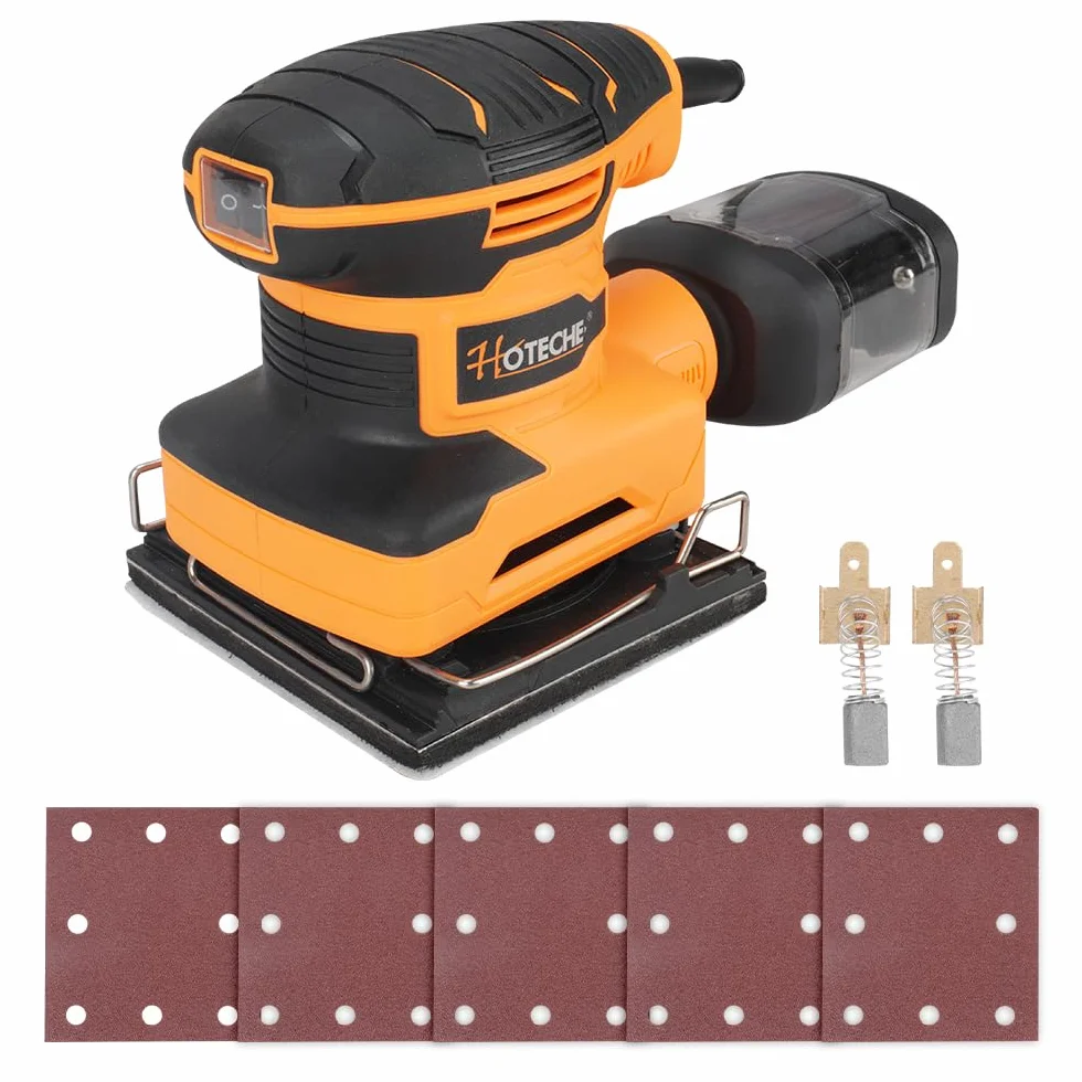 Hoteche Szlifierka oscylacyjna 240 W, 110 x 100 mm, wielofunkcyjna szlifierka do drewna z samozasysaniem, 13 000 obr./min, w zestawie szczotki węglowe, papier ścierny i pojemnik na kurz