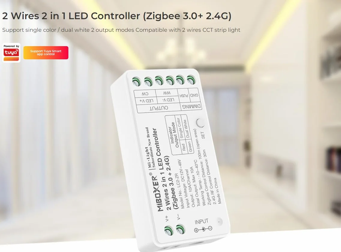 LIGHTEU®, Miboxer 2-przewodowy kontroler LED 2 w 1 (Zigbee 3.0 + 2,4 GHz), ściemniacz do taśm CCT, kompatybilny z pilotami zdalnego sterowania MiBoxer i aplikacją Tuya Smart LC2-ZR