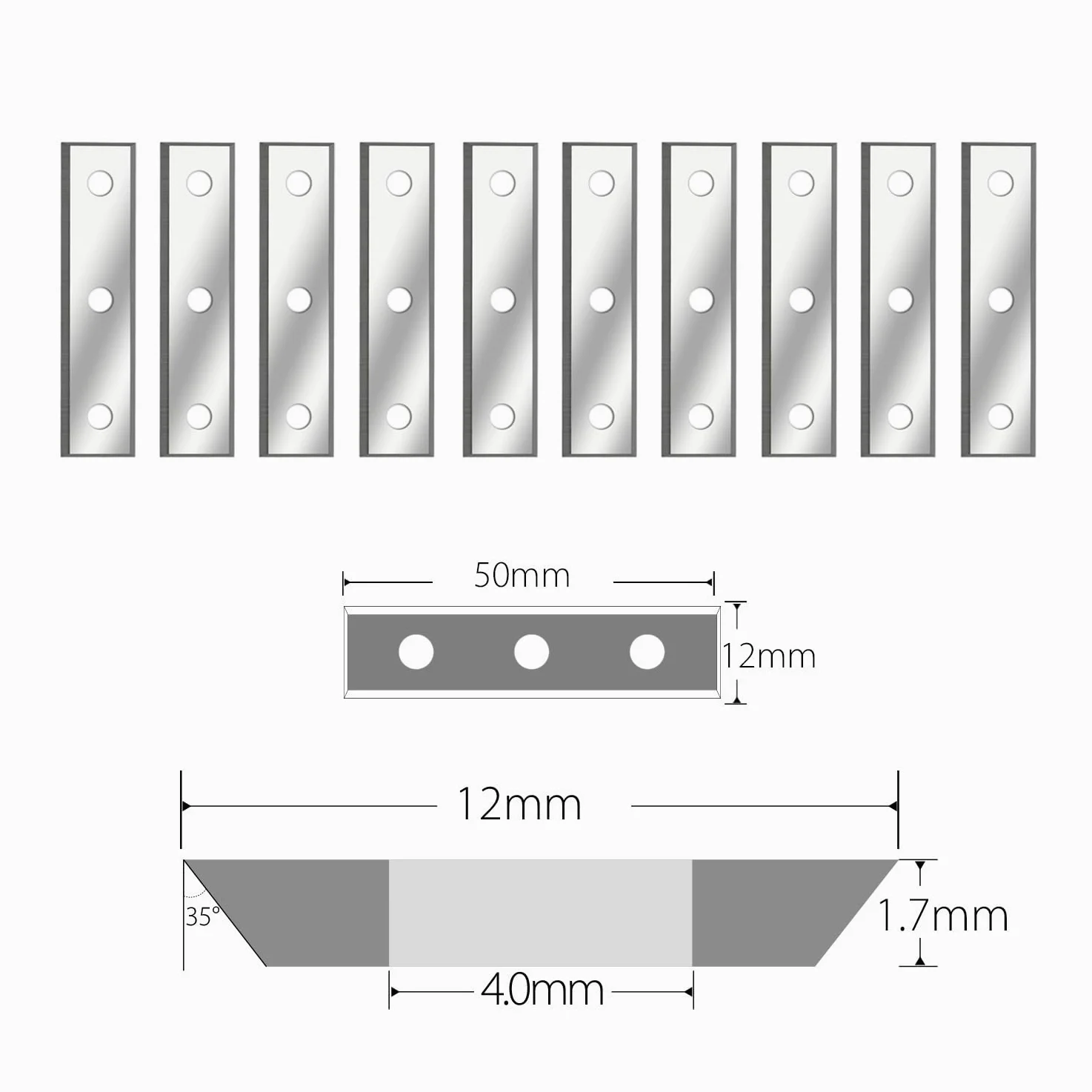 10 szt. 4-ostrzowych płytek węglikowych, ostrzy frezarskich z węglika wolframu 50 mm do wymiennych głowic strugarek spiralnych(50X12X1.7mm)