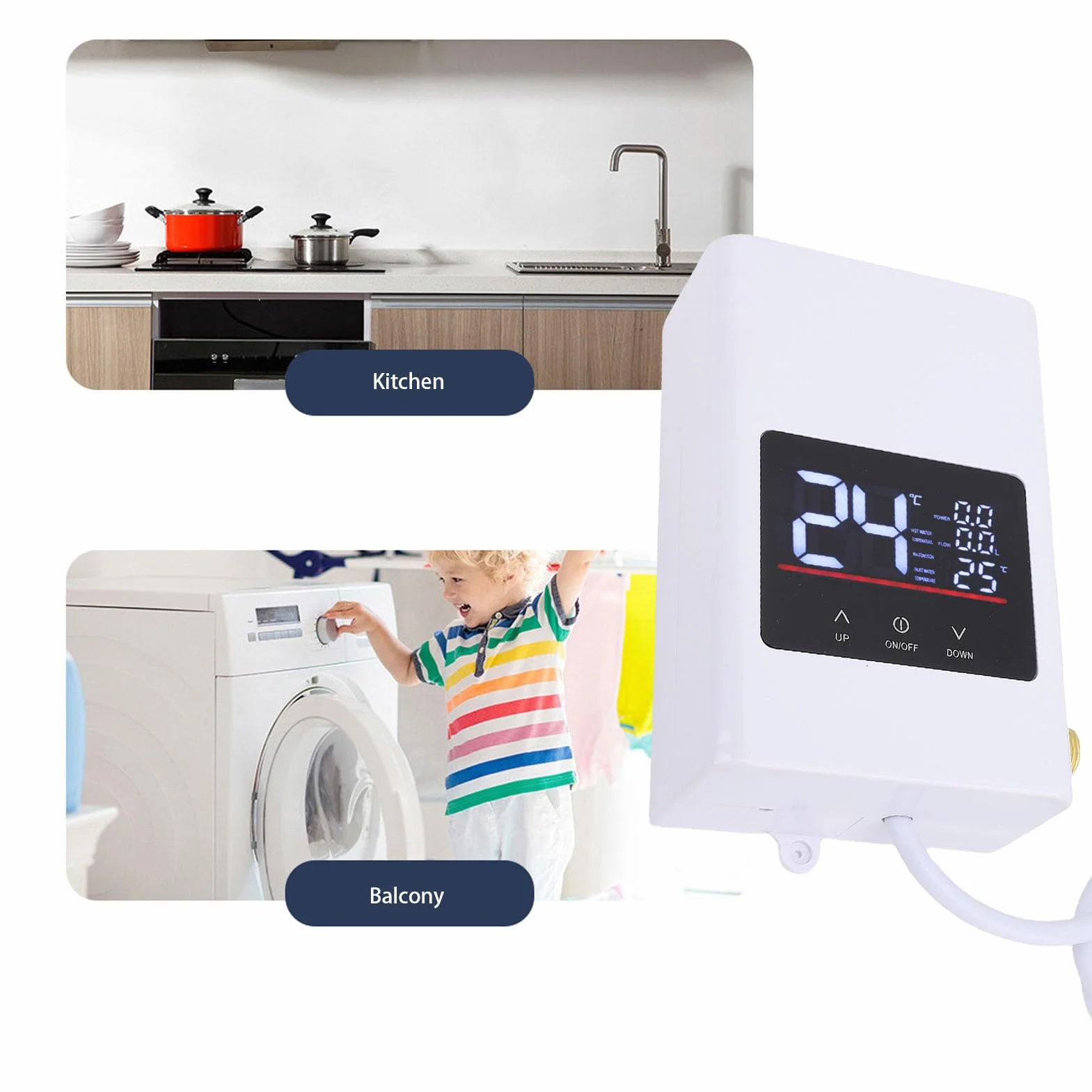Luocute Bezzbiornikowy Podgrzewacz Wody Elektryczny, Natychmiastowy Podgrzewacz Ciepłej Wody z Cyfrowym Ekranem LCD i Mosiężnym Wlotem, do Kuchni, łazienki, Mieszkania, (Wtyczka UE 220 V 4000 W)