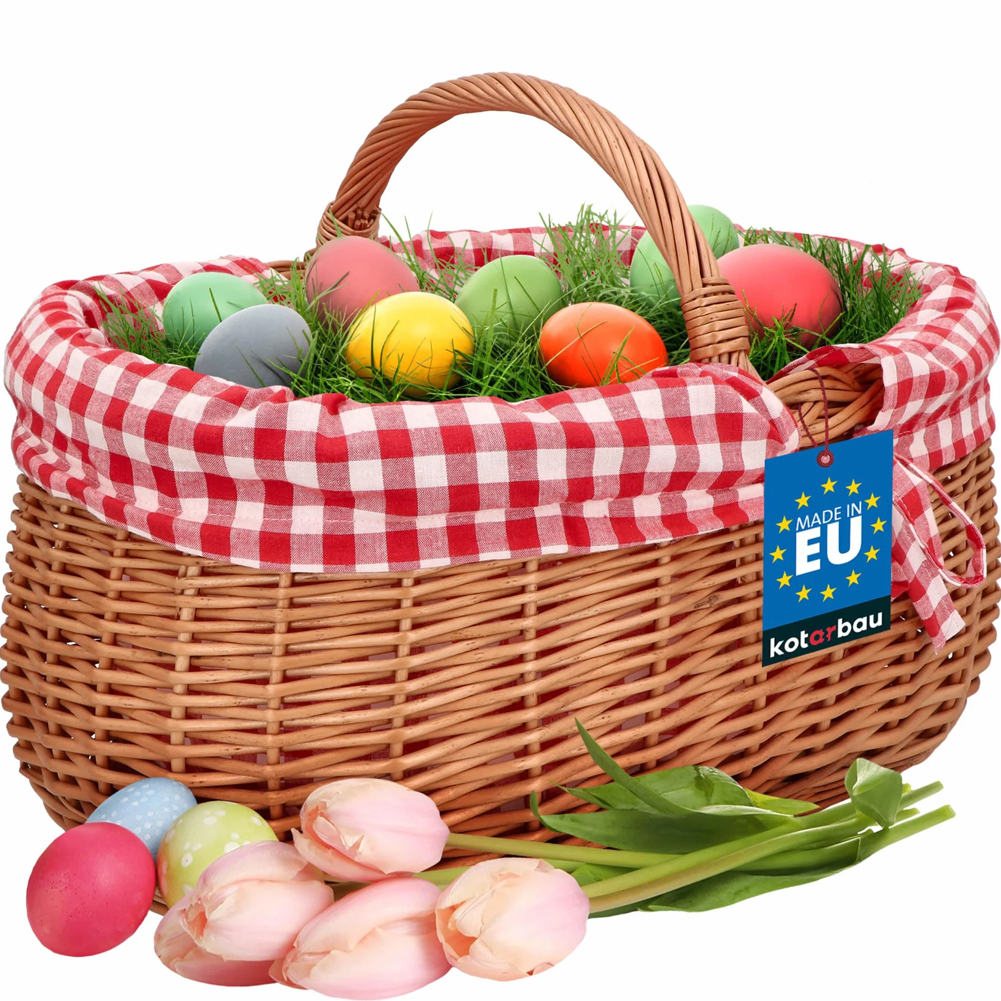 KOTARBAU® Kosz Wiklinowy na Zakupy - 46 x 32 x 43 cm - Koszyk Piknikowy - Kosz na Grzyby - Koszyk Wielkanocny - Owalny - Czerwona Wyściółka - Wkład - Obszycie Krata