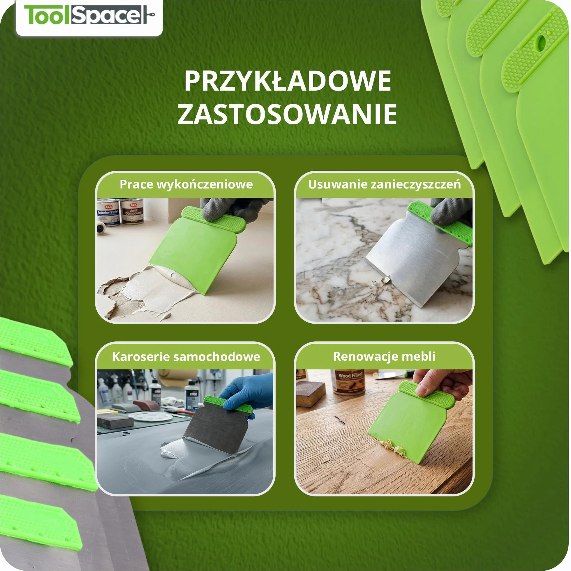 ToolSpace Szpachelka Japońska Elastyczna Zestaw 4 Sztuki Stal Nierdzewna 50 80 100 120 Mm Do Gładzi Szpachlowania Wykończenia Ścian 150 200 Mm Profesjonalny Komplet