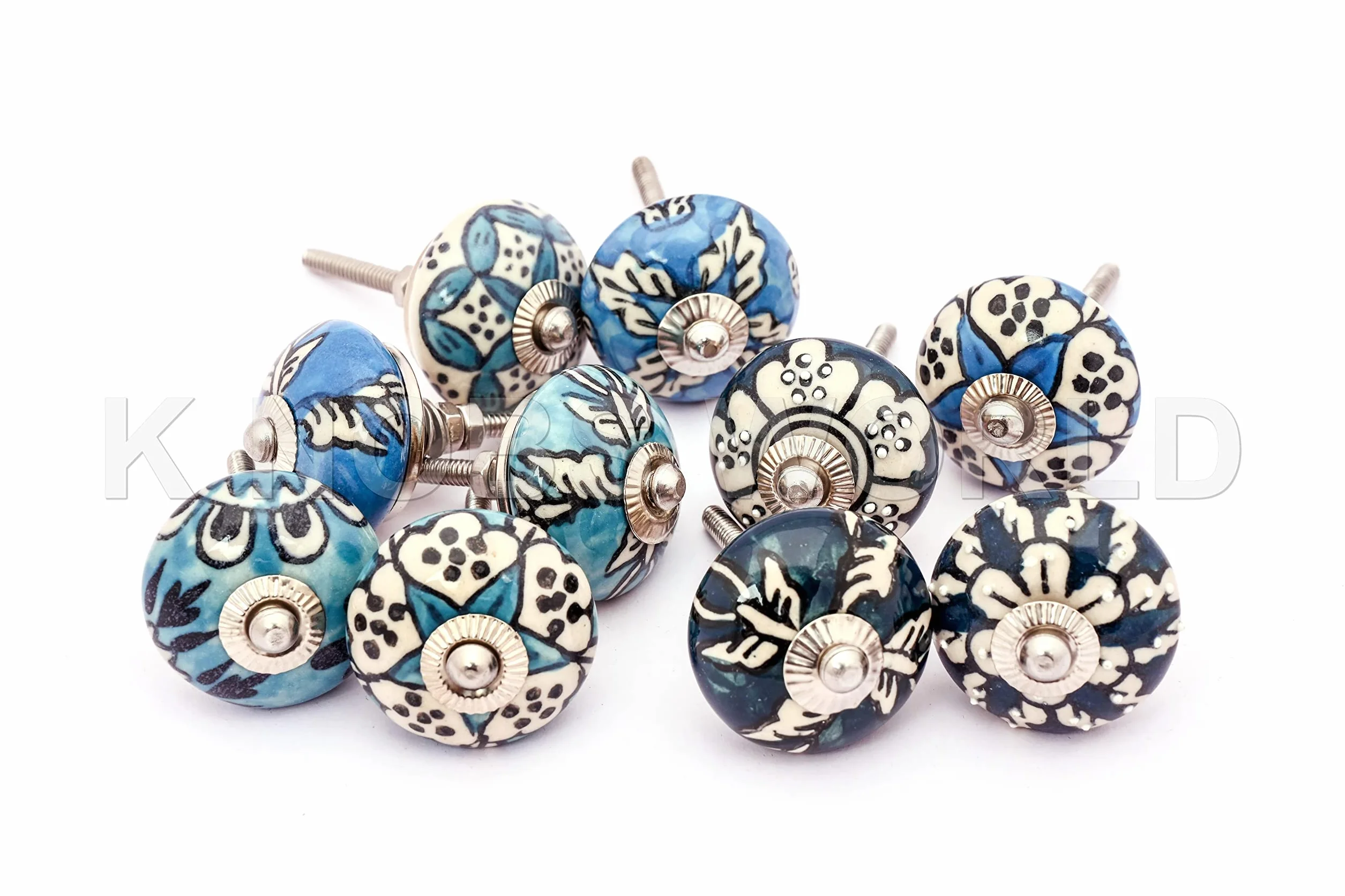 10 różnych wielokolorowych ozdobnych niebieskich zielonych ceramicznych gałek do szuflad drzwi szafki wyciąga indyjskie gałki mieszane.