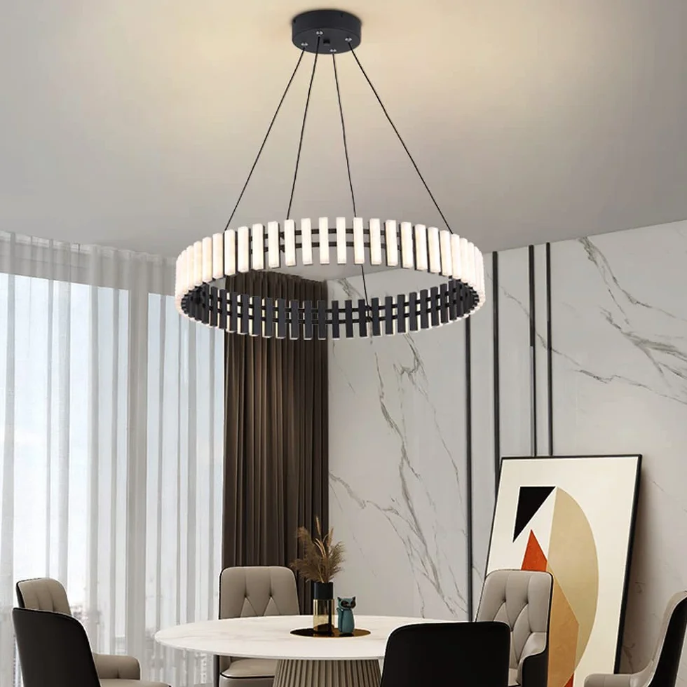 ZHSHYS Żyrandol do salonu Okrągłe, atmosferyczne żyrandole LED do baru, restauracji 2 pierścienie 丨 Czarno-biała wisząca Możliwość przyciemniania Wiszą oprawy oświetleniowe Luksusowa (ściemnianie