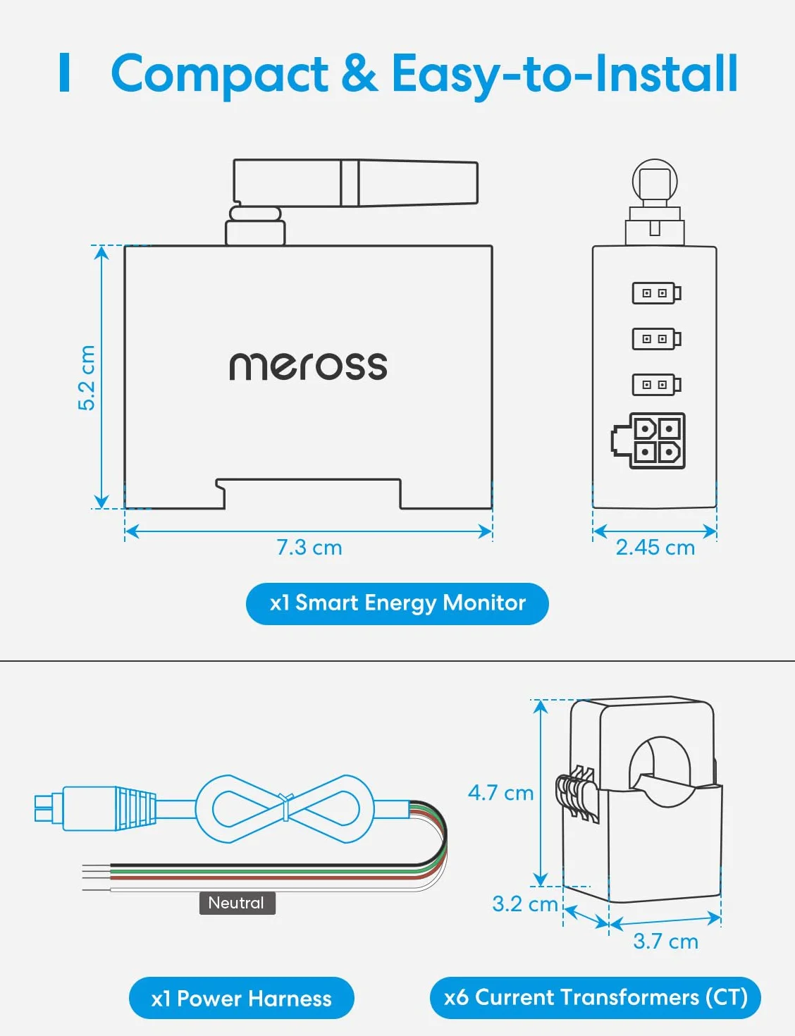 Meross EM06 (150 A) inteligentny miernik Wi-Fi, 3-fazowy licznik prądu z 6 kanałami pomiarowymi, licznik energii na szynie DIN z monitorowaniem prądu do paneli słonecznych, systemów PV, gospodarstw