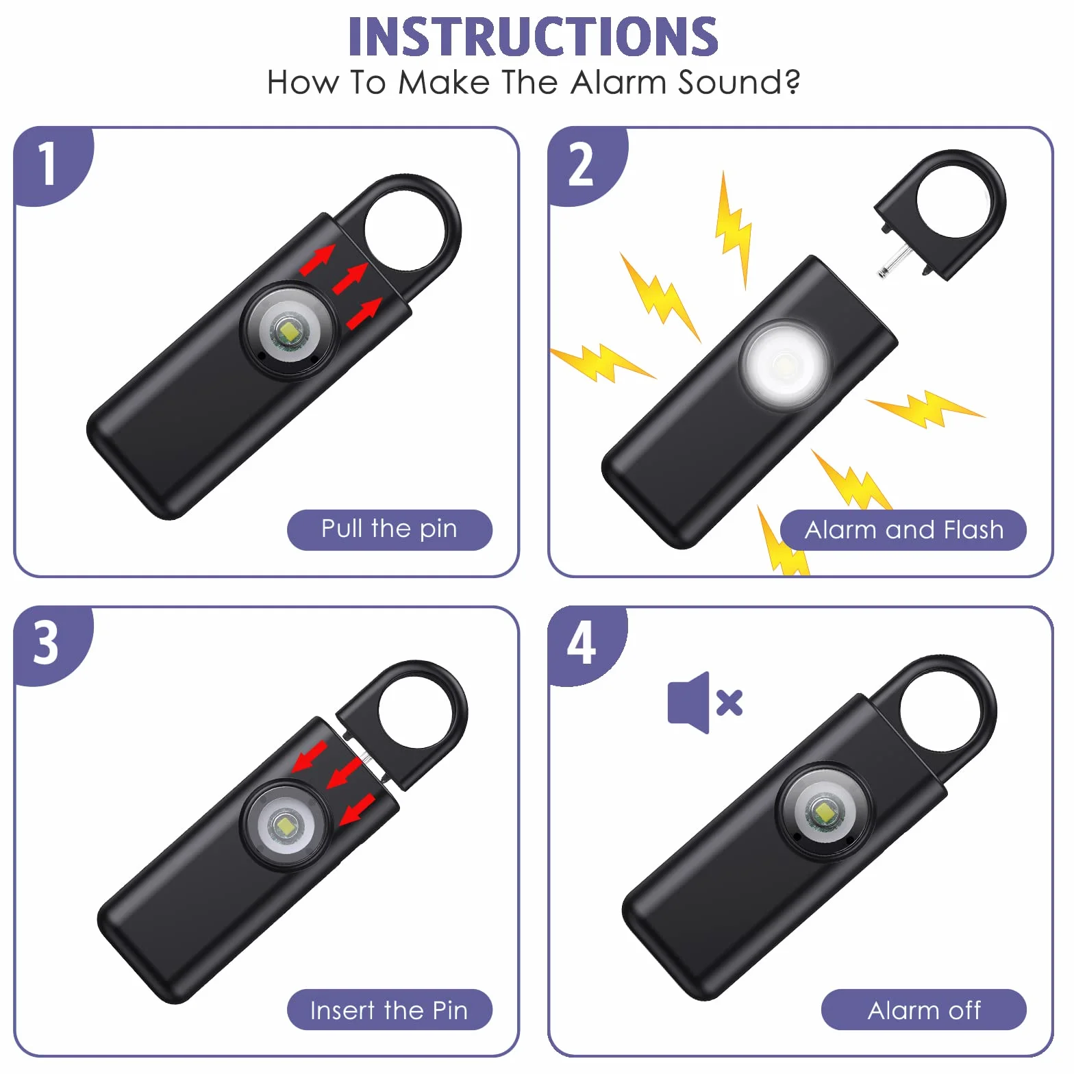Alarm kieszonkowy dla kobiet, syrenka 130 dB z oświetleniem LED, osobisty brelok, samoobrona z akumulatorem USB, dla kobiet/dzieci