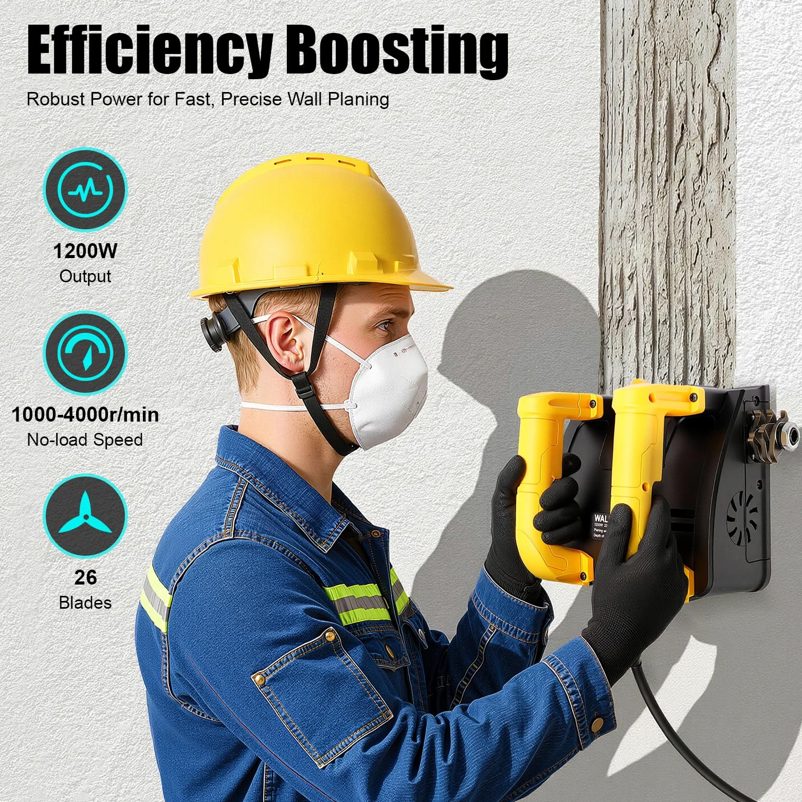 Elektryczna frezarka do betonu, 220 V, 1200 W, 1000-4000 obr./min, szlifierka do betonu z systemem próżniowym, strugarka ścienna, frez rolkowy, głębokość strugania 1-4 mm, szerokość 15 cm