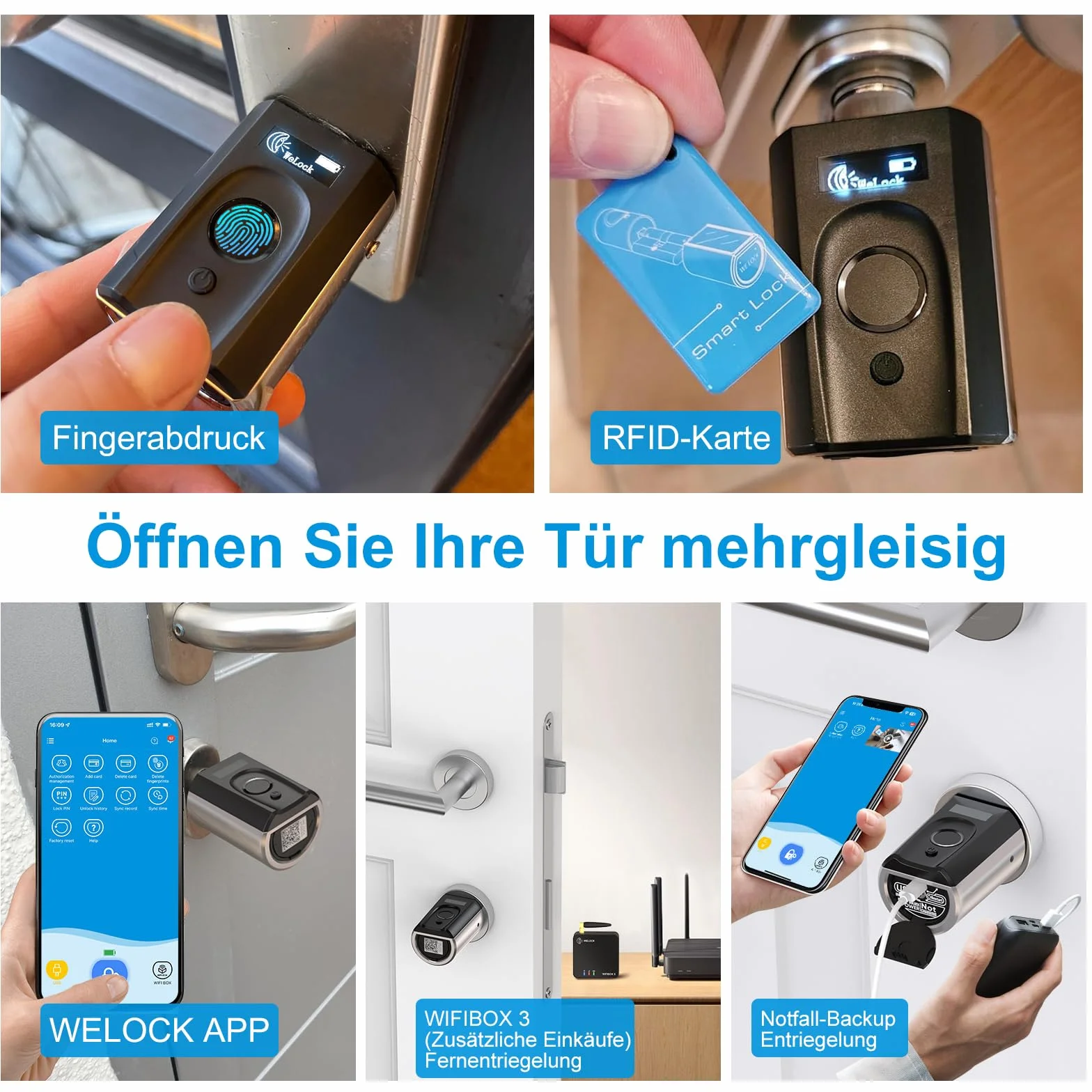 WELOCK Touch41 zamki do drzwi elektroniczne z odciskiem palca, otwieracz wejściowy z aplikacją, karta RFID, WiFi, IP65, regulowany, 50-100 mm