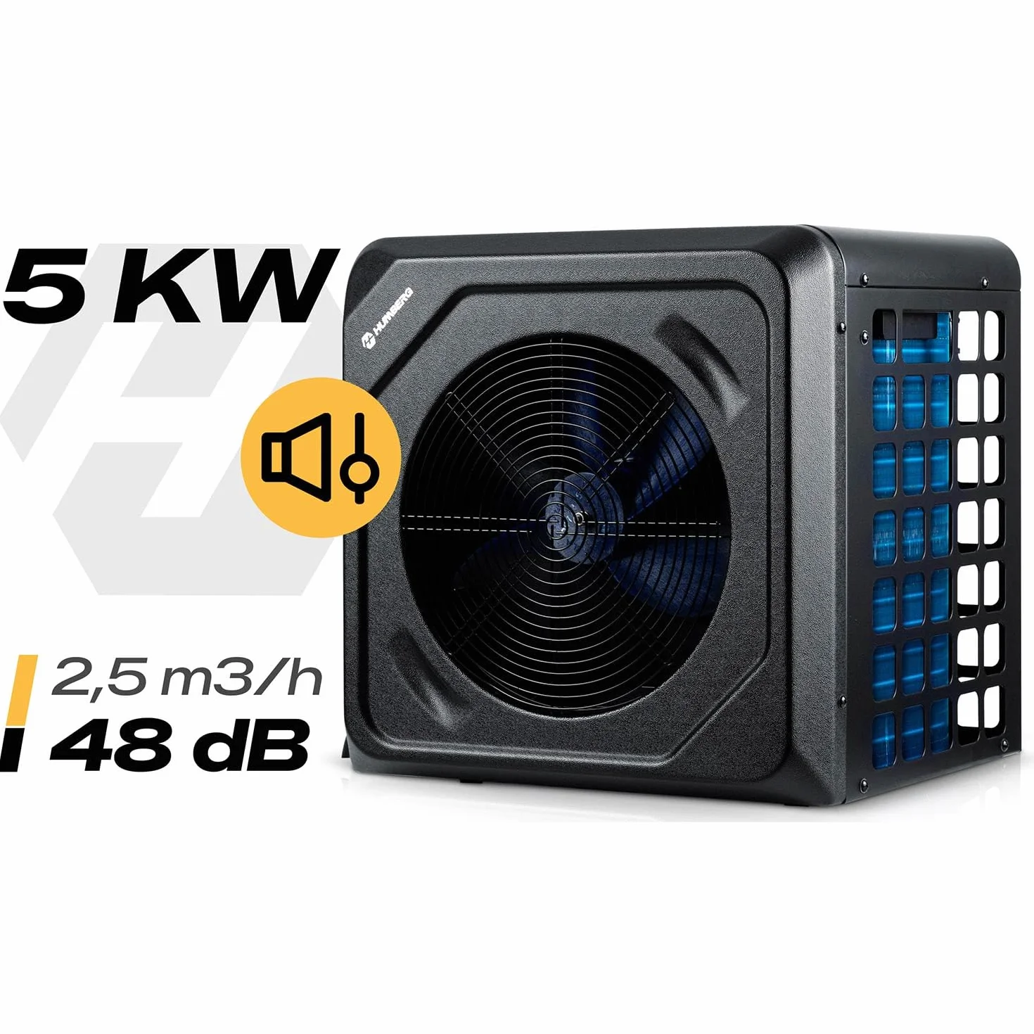 Humberg Pompa Ciepła do Basenu 5 kw - do 30 000 l - Energooszczędna - Cicha Praca 48 dB - Sterowanie za Pomocą Wi-Fi - Wyświetlacz LCD - Wydajność COP 5,17 - do Basenów Ogrodowych do 8-20 m³