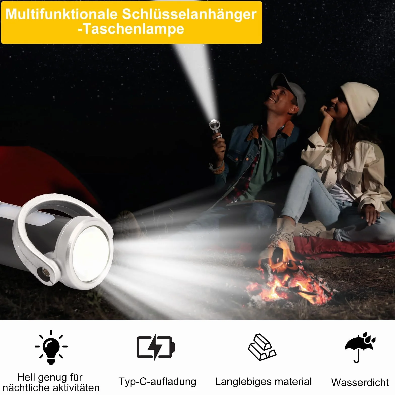 TNSLAND Mini latarka breloczek do kluczy, super jasna latarka LED, ładowana, wodoszczelna, 7 trybów pracy, z kablem USB, do domu, samochodu, na zewnątrz, w podróży, na kempingu, w pracy