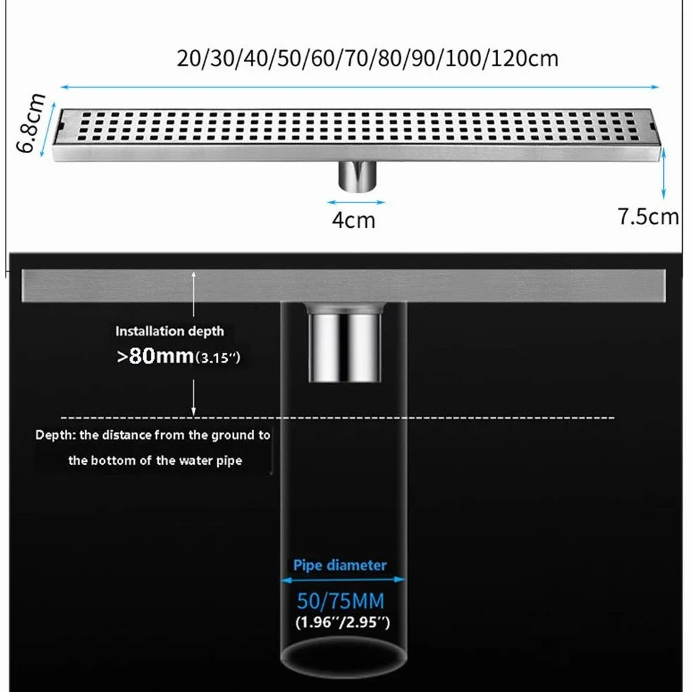 Odpływ liniowy ze stali nierdzewnej 304 | Łazienka 120 cm/47 cali: odpływ podłogowy z sitkiem do włosów