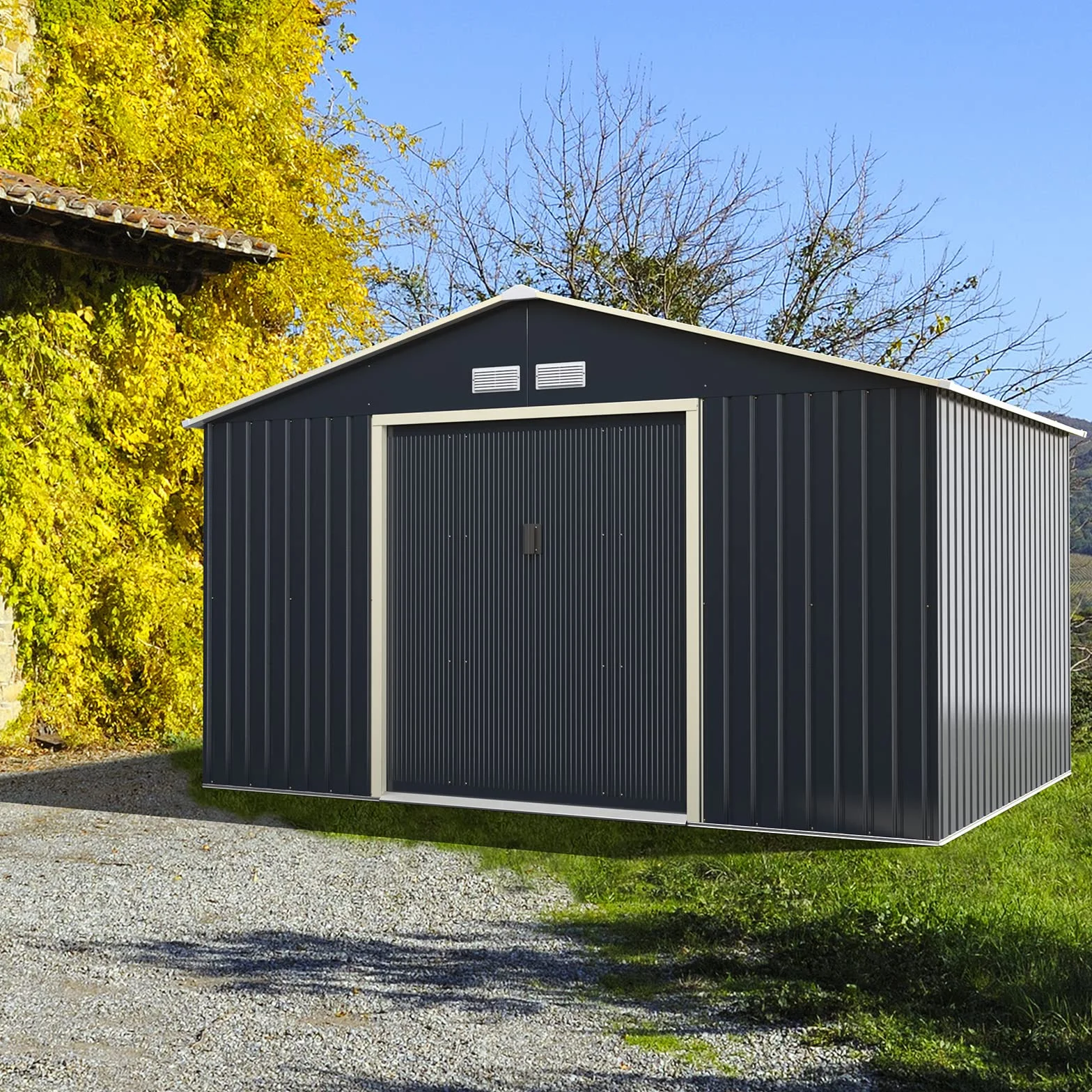 COSTWAY metalowa szopa narzędziowa 340x255x210 cm zamykana domek ogrodowy z drzwiami przesuwnymi