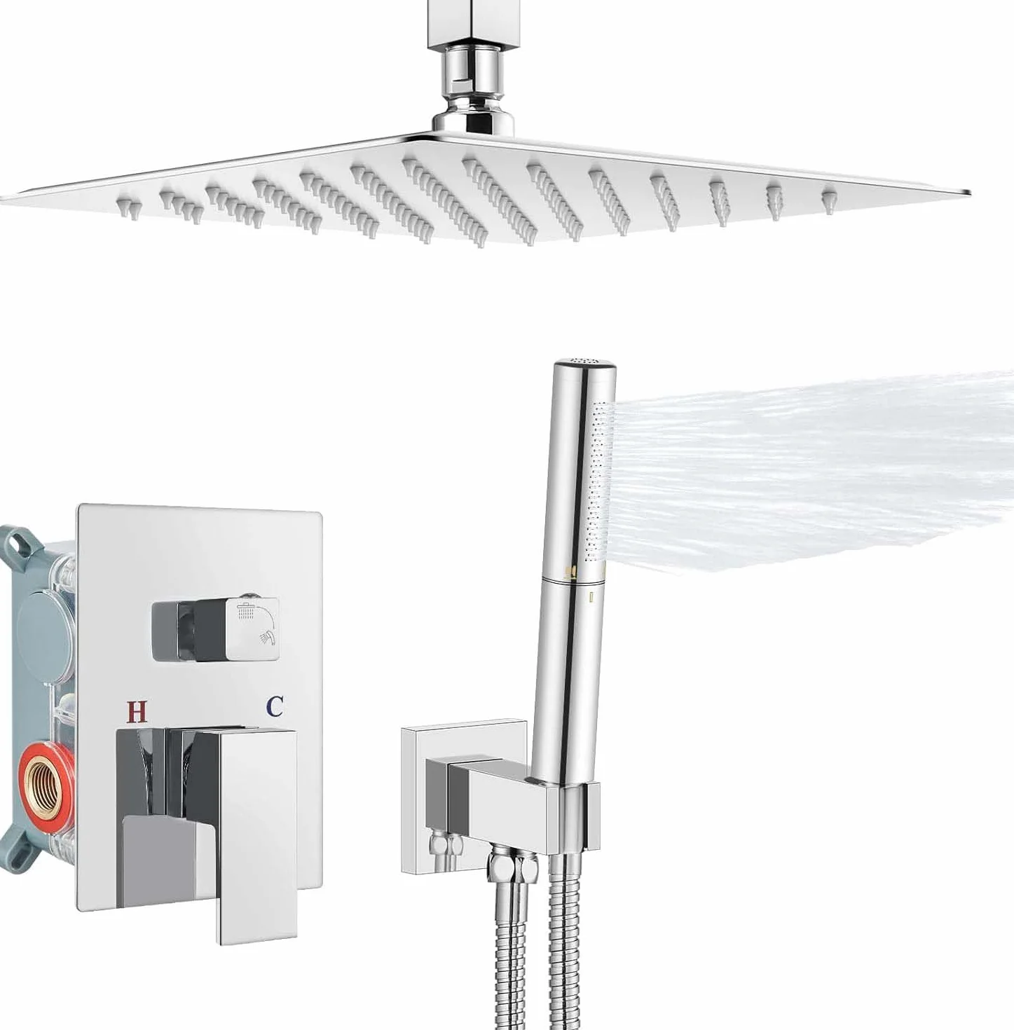 Aolemi Polski chromowany system deszczownicy 25 cm do montażu na suficie kwadratowa głowica prysznicowa zestaw z prysznicem ręcznym 2 w 1, 2 funkcje, mocowanie baterii prysznicowej, szorstka w