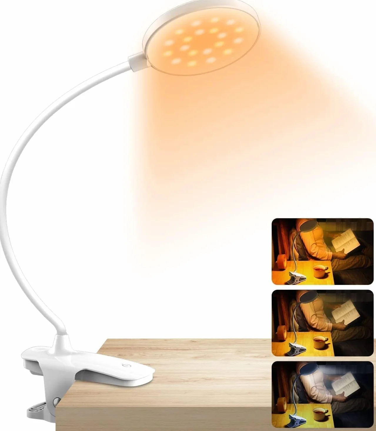 Lampa zaciskowa do łóżka, 360°, elastyczna lampka do czytania, zacisk 3 poziomy jasności, 3 temperatury barwowe, ściemniana lampa na łóżko ze sterowaniem dotykowym, ładowanie baterii przez USB, ochrona oczu, 20 diod LED, lampa zaciskowa na łóżko, lampa bi