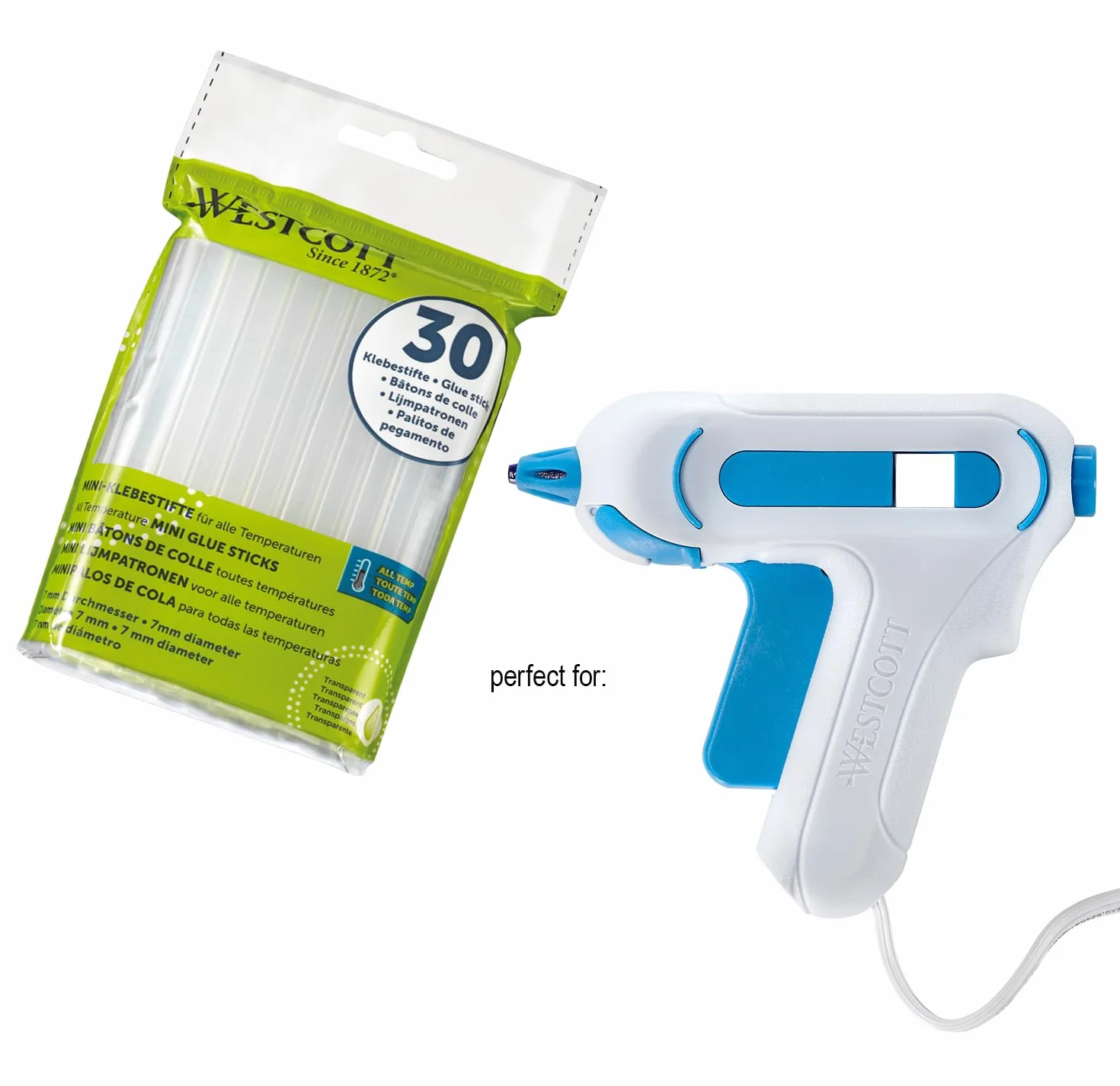 Westcott E-16837 00 Wkłady do Pistoletu do Klejenia na Gorąco, Przezroczyste, Zestaw: 30 Sztuk i Średnica 7 mm i 102 mm