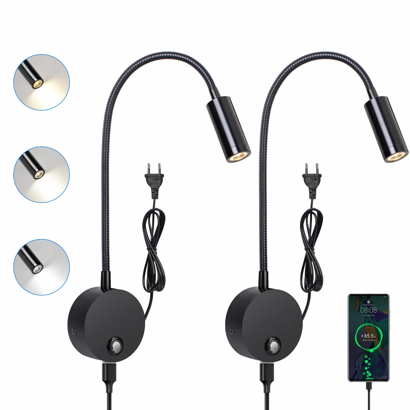 ERWEY 2 sztuki lampy do czytania, lampa ścienna LED, dotykowa, ściemniana, 3 tryby temperatury barwowej, lampa do łóżka z przyłączem USB do ładowania, do sypialni, czarna