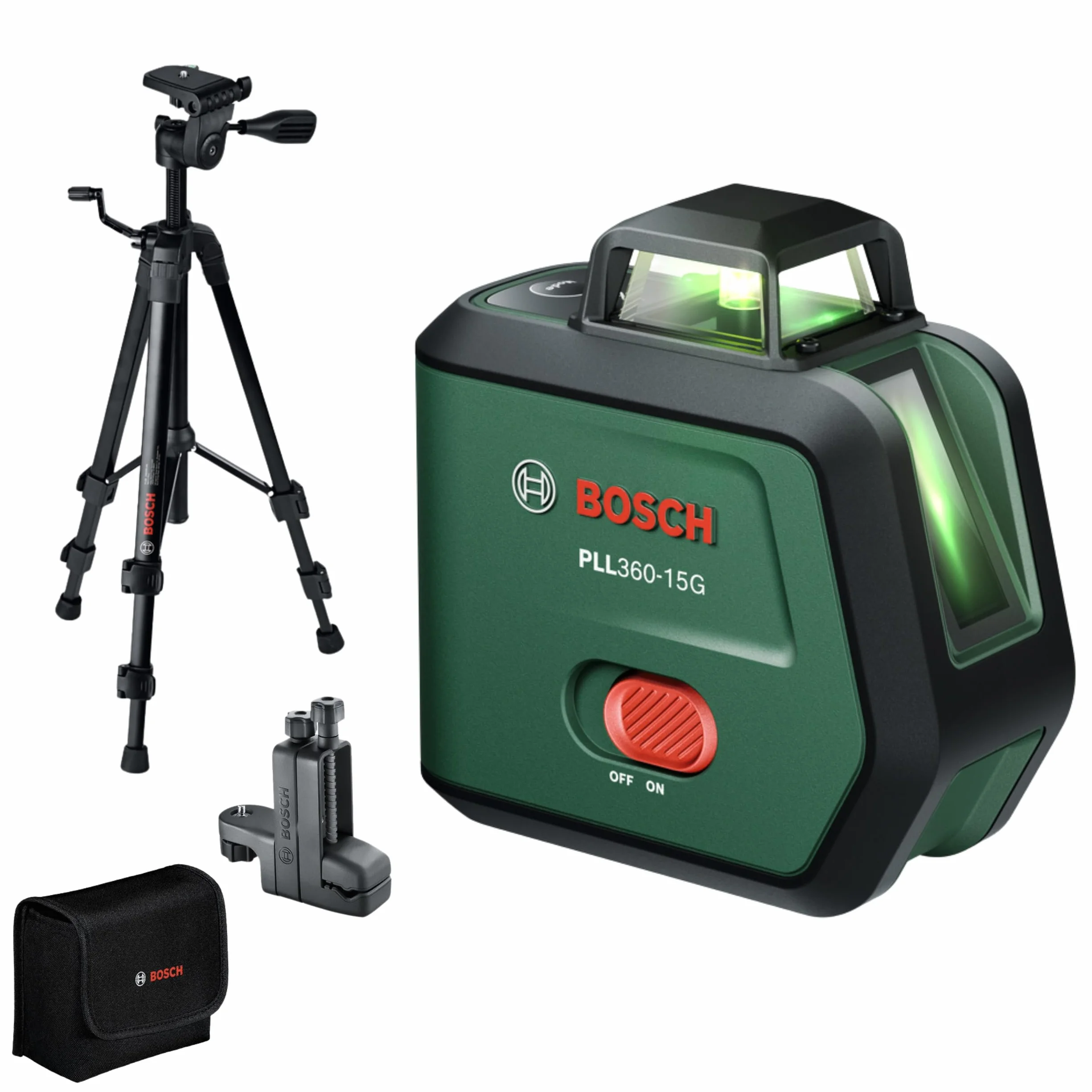 Bosch Laser Liniowy PLL360‑15G (zielone linie 360°, IP54, Li‑ion, USB‑C, statyw TT 120, uchwyt MM 3)