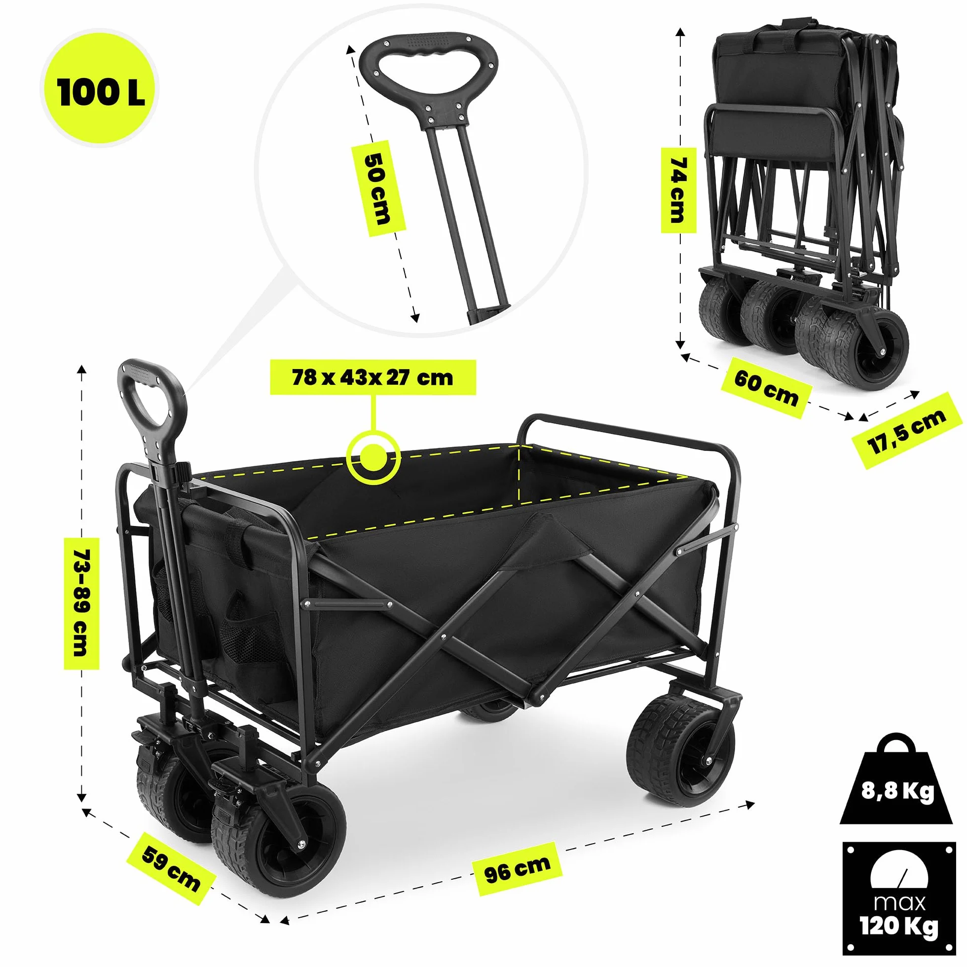 HyperMotion Wózek Turystyczny Składany 120 kg Terenowy Transportowy Plaża Camping Zakupy Obrotowe Koła Hamulce Oxford 600D