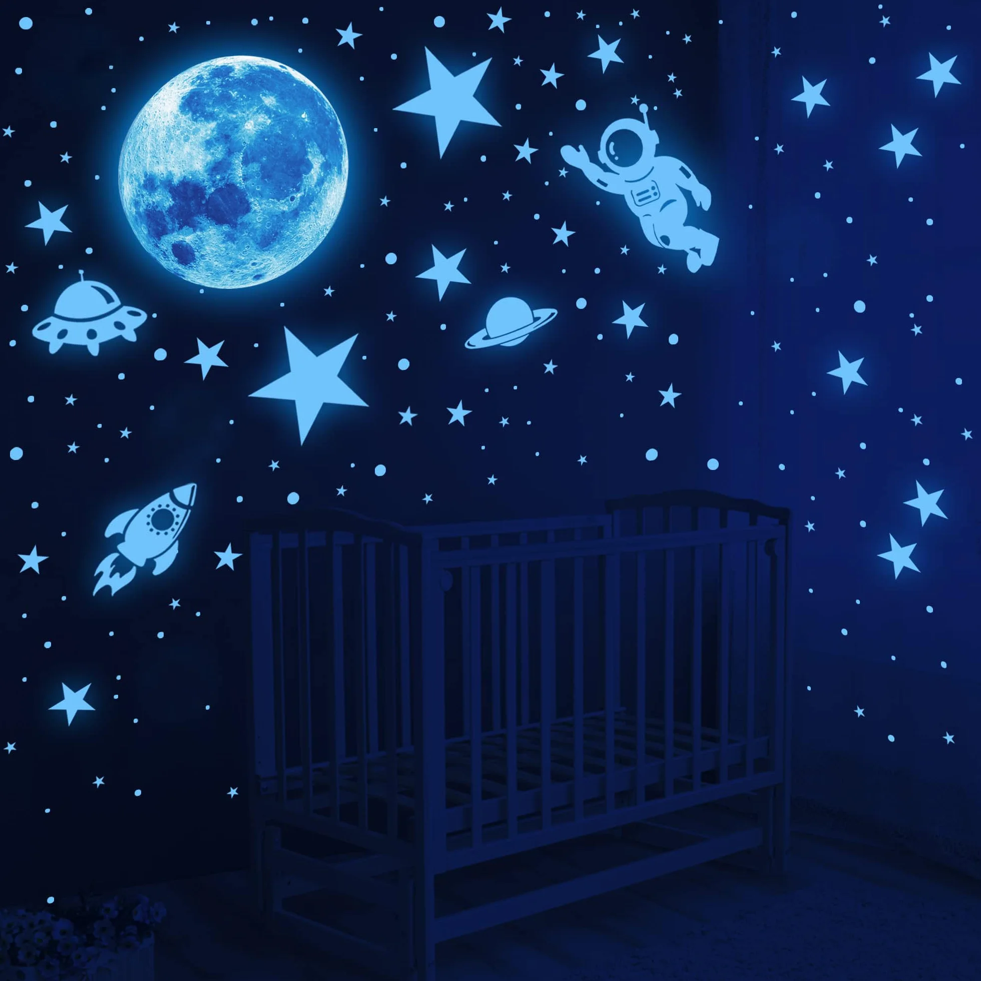 Naklejki ścienne świecące w ciemności gwiazdy i planeta, galaktyka, astronauta, rakieta, statek kosmiczny, dekoracja kosmitów, naklejki ścienne planety, jasne naklejki ścienne dla dzieci, planety,