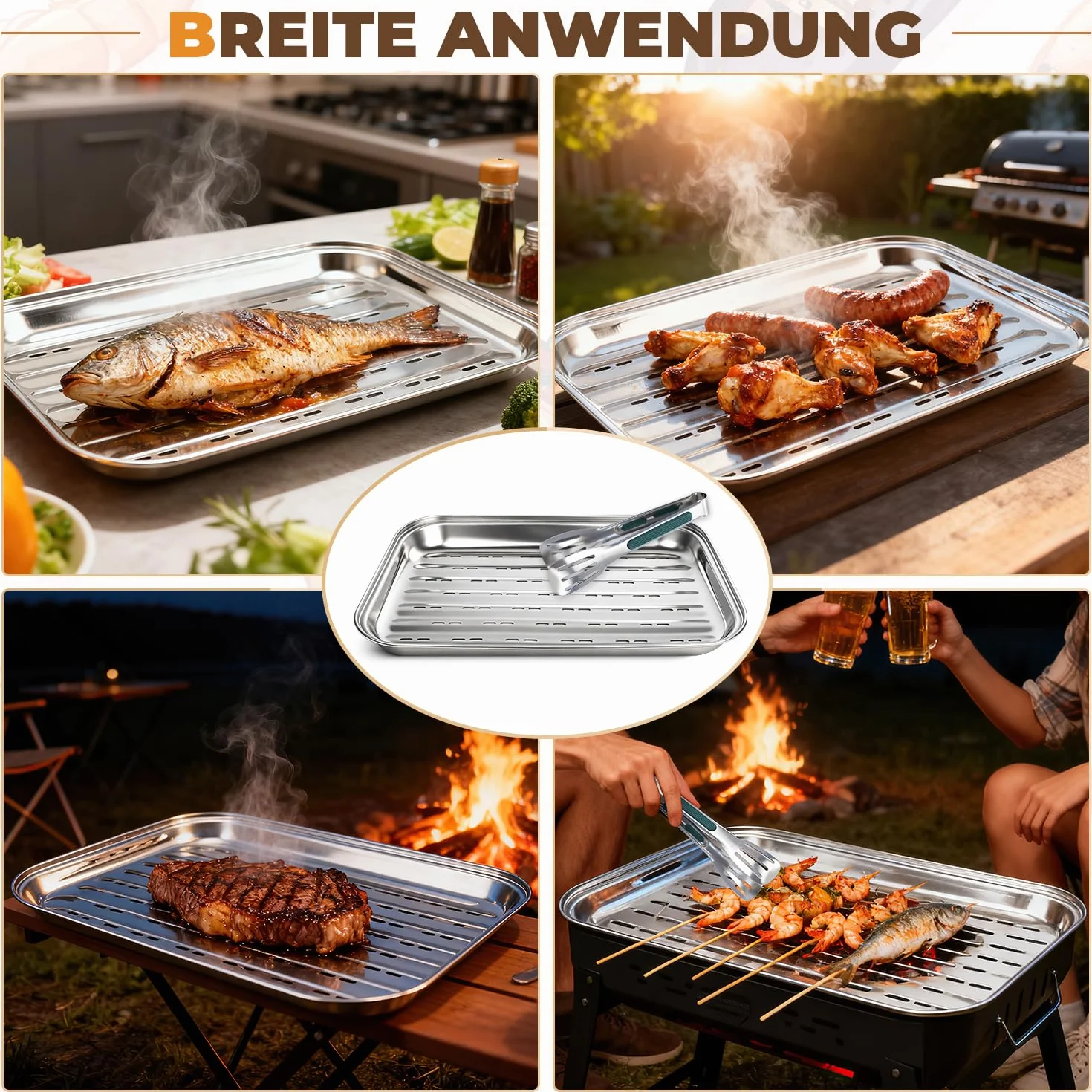tacki do grilla ze stali nierdzewnej 3 sztuki, tacka do grilla ze stali nierdzewnej z 1 szczypcami do grilla, 34,9x24,5x2,7 cm, srebrne tacki do grillowania warzyw, wielokrotnego użytku z