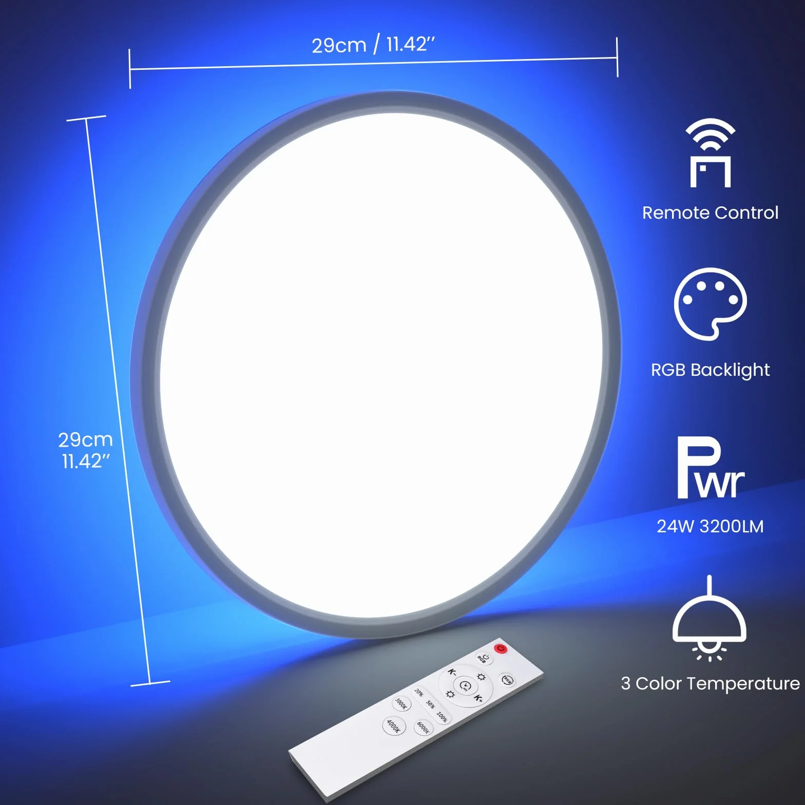 Lampa sufitowa LED 30 cm z pilotem | 24 W 3200 lm ściemnialny IP54 do łazienki | 3000-6000K Światła RGB do kuchni, przedpokoju, salonu, pokoju dziecięcego