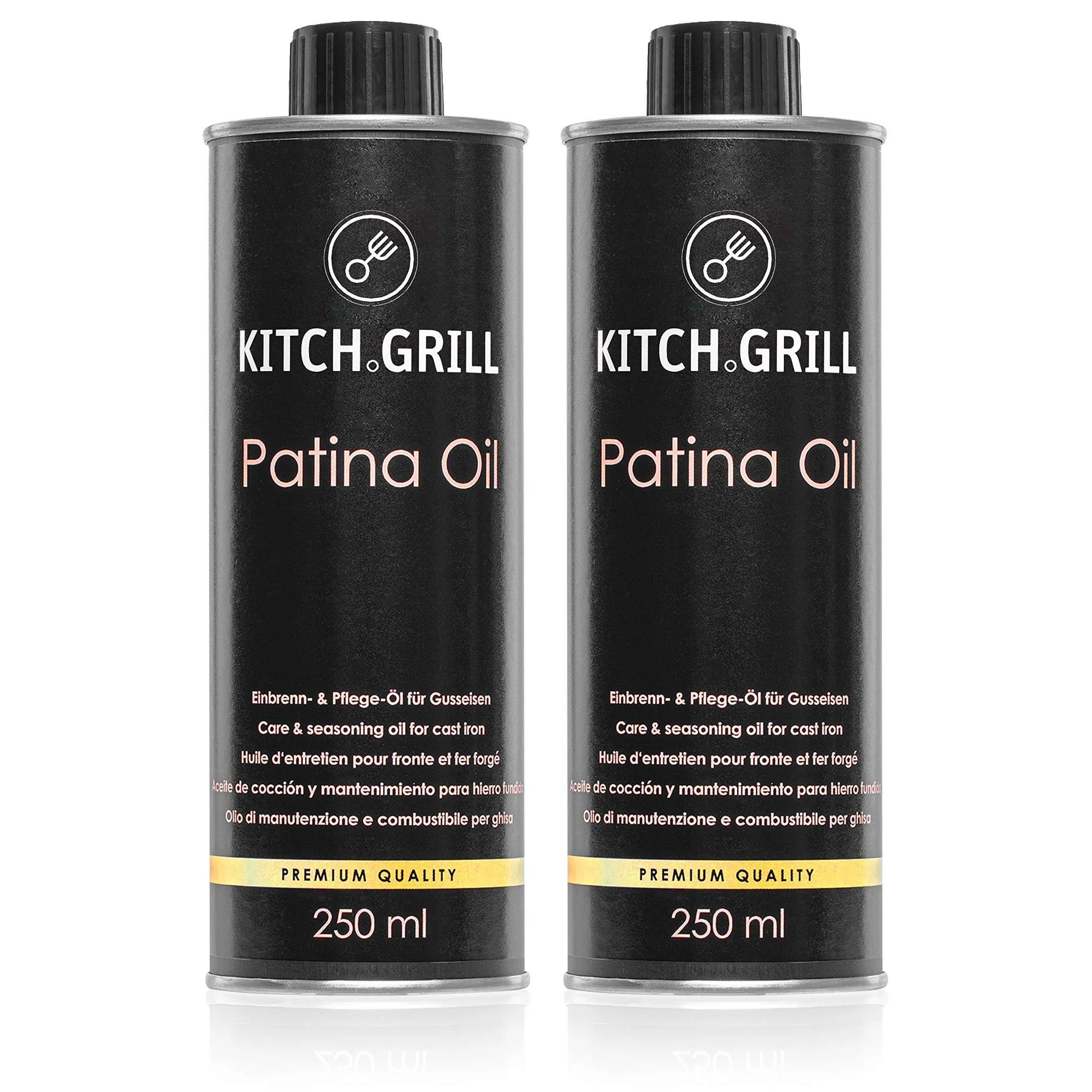 KitchGrill® olej do pieczenia i pielęgnacji | 2 x 250 ml | olej patynowy do patelni i garnków żeliwnych, rusztów grillowych, płyt do grillowania, Dutch Oven itp. | żeliwo, kute żelazo, olej piecowy,