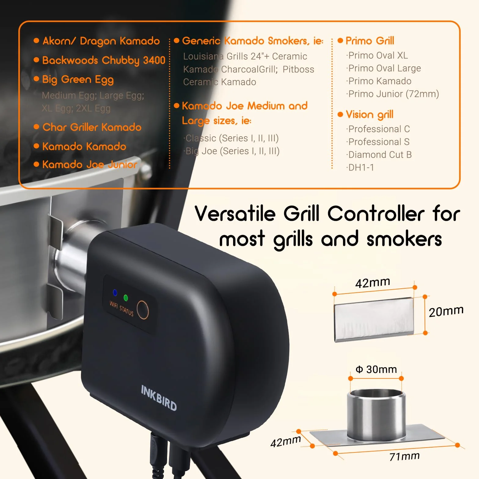 Inkbird Dmuchawa do grilla, Bluetooth 5.1 i Wi-Fi 2,4 GHz, automatyczny termometr grillowy z 4 sondami, kompatybilny z Big Green Egg, Kamado Joe, Primo, Vision Grill, Akorn Kamado